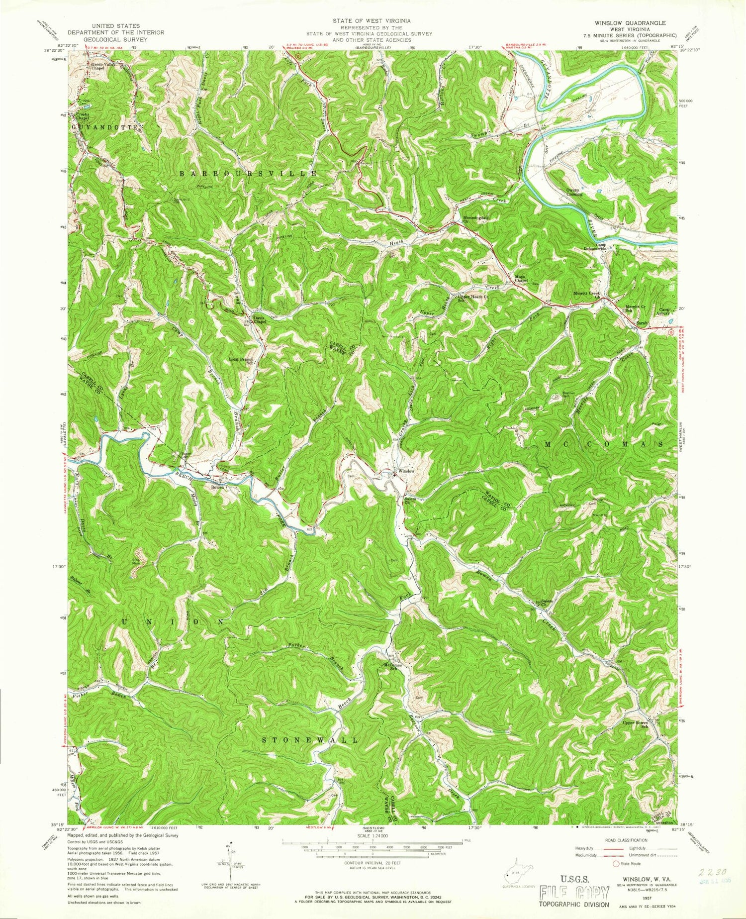 Classic USGS Winslow West Virginia 7.5'x7.5' Topo Map Image