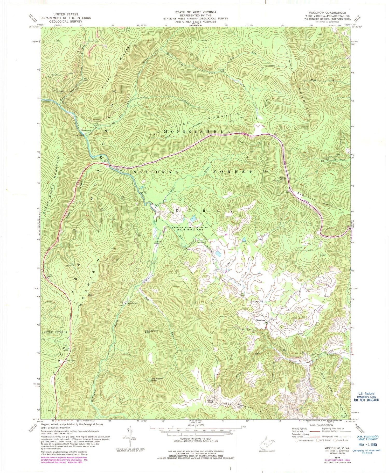 Classic USGS Woodrow West Virginia 7.5'x7.5' Topo Map Image