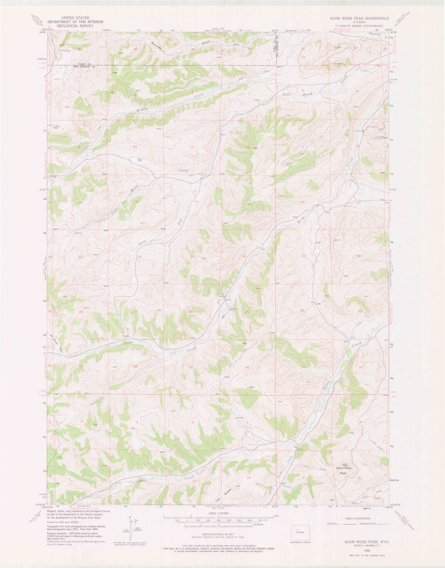 Classic USGS Adam Weiss Peak Wyoming 7.5'x7.5' Topo Map Image