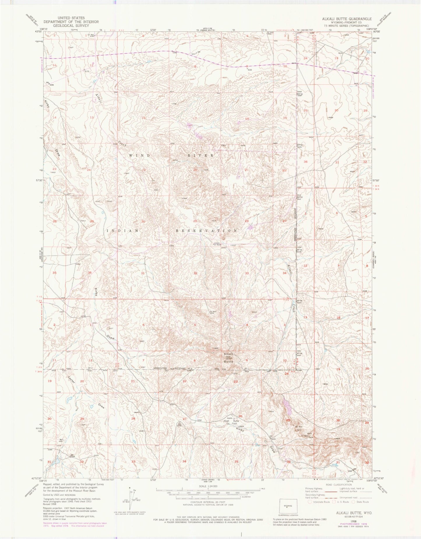 Classic USGS Alkali Butte Wyoming 7.5'x7.5' Topo Map Image