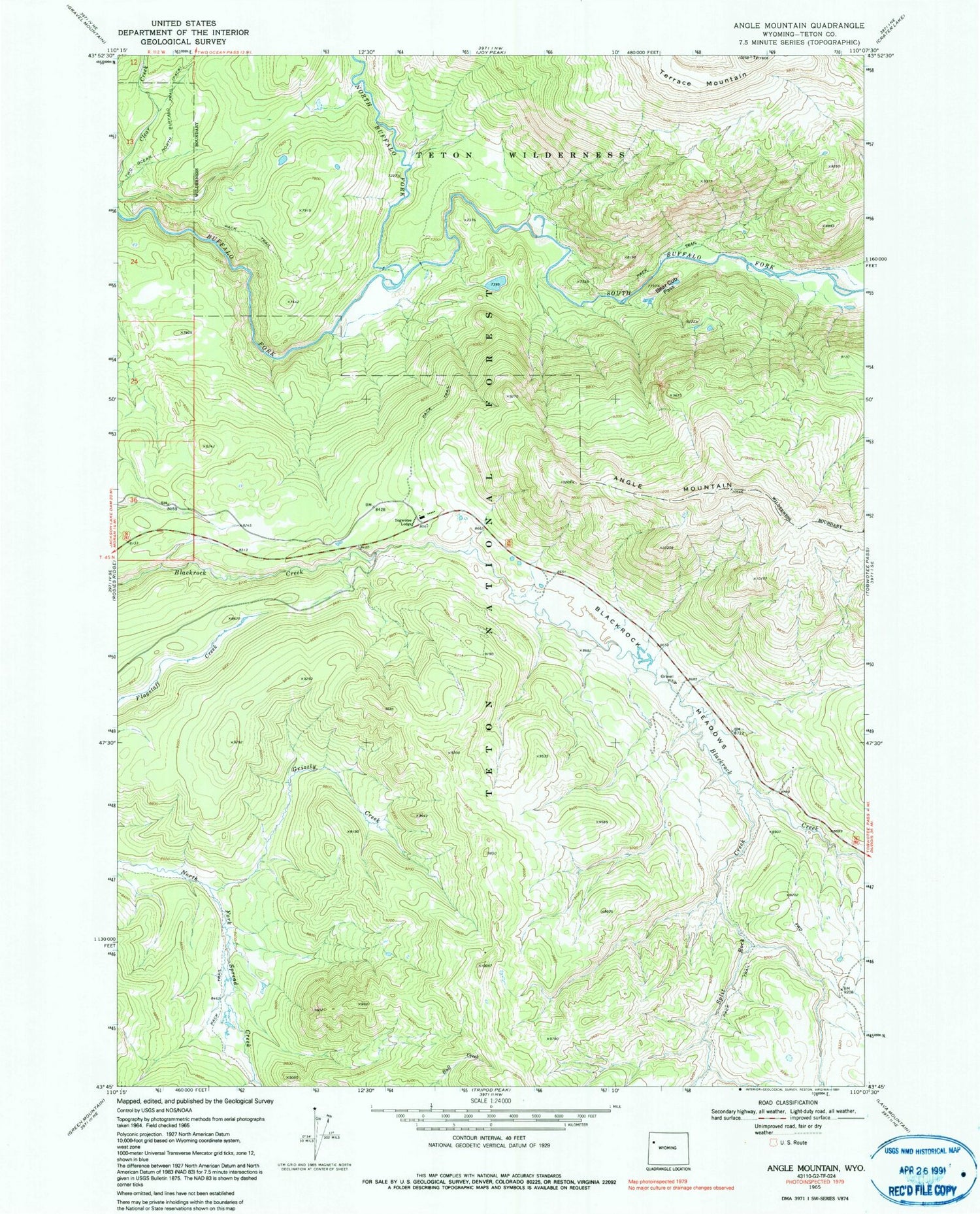 Classic USGS Angle Mountain Wyoming 7.5'x7.5' Topo Map Image