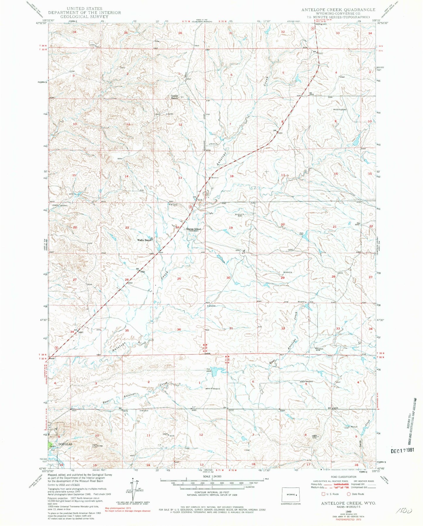 Classic USGS Antelope Creek Wyoming 7.5'x7.5' Topo Map Image