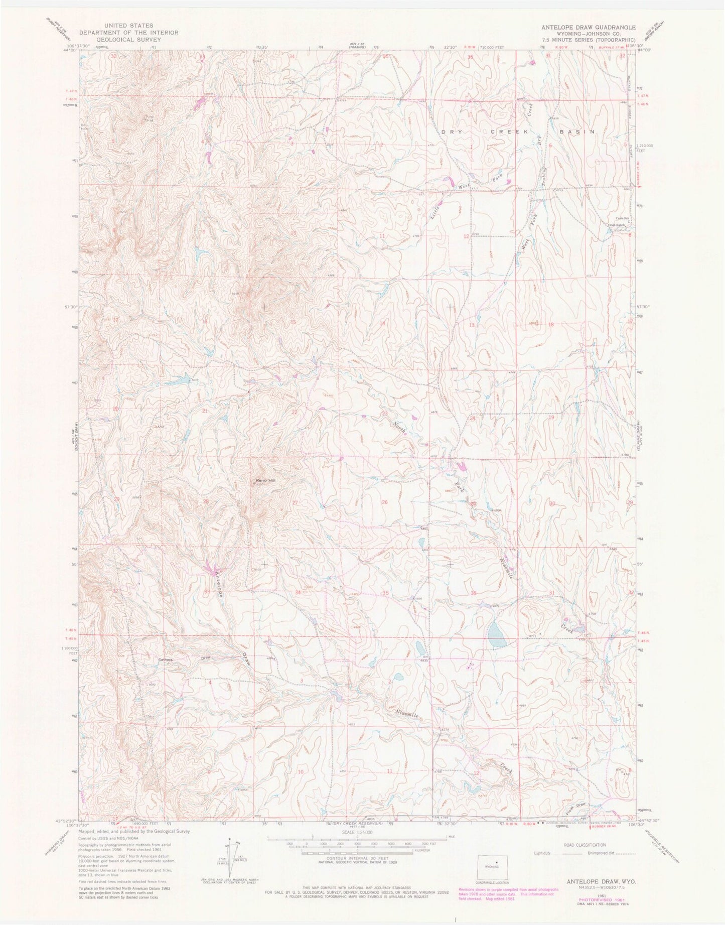 Classic USGS Antelope Draw Wyoming 7.5'x7.5' Topo Map Image