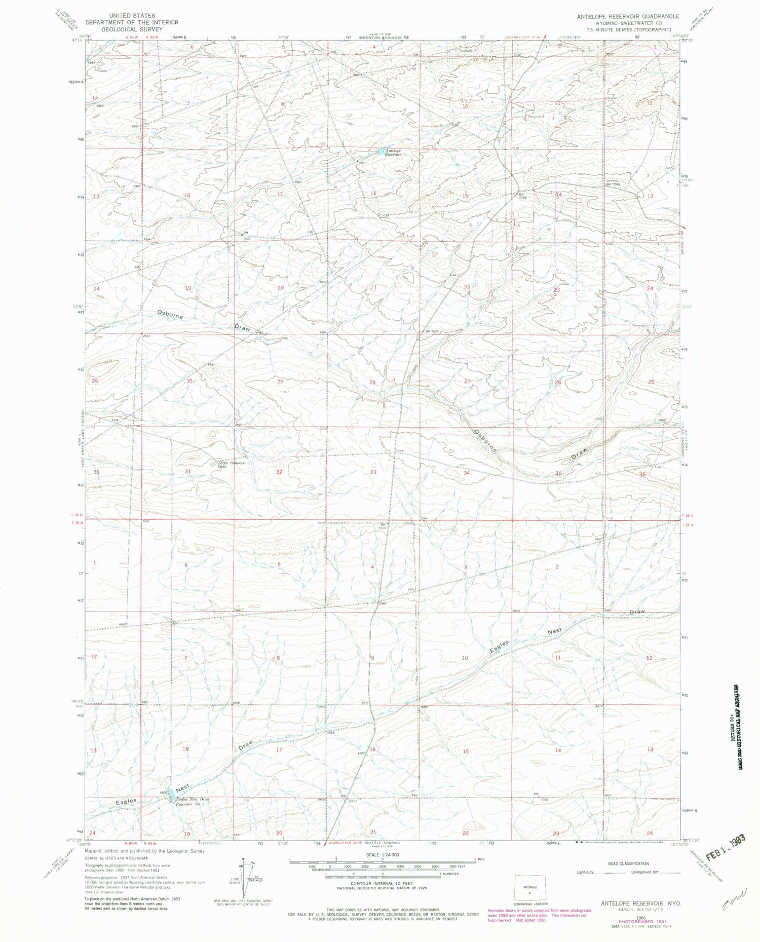 Classic USGS Antelope Reservoir Wyoming 7.5'x7.5' Topo Map Image