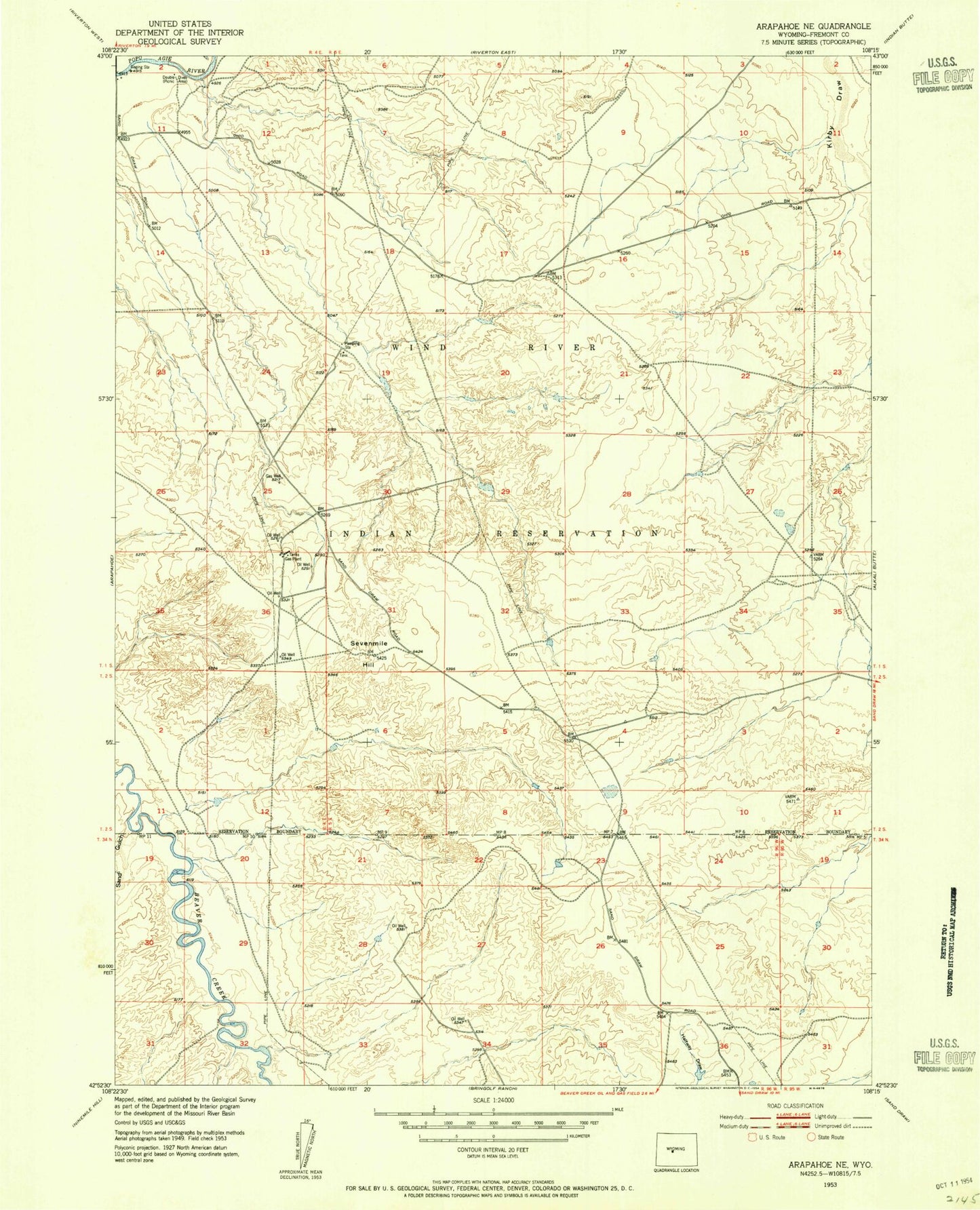 Classic USGS Arapahoe NE Wyoming 7.5'x7.5' Topo Map Image