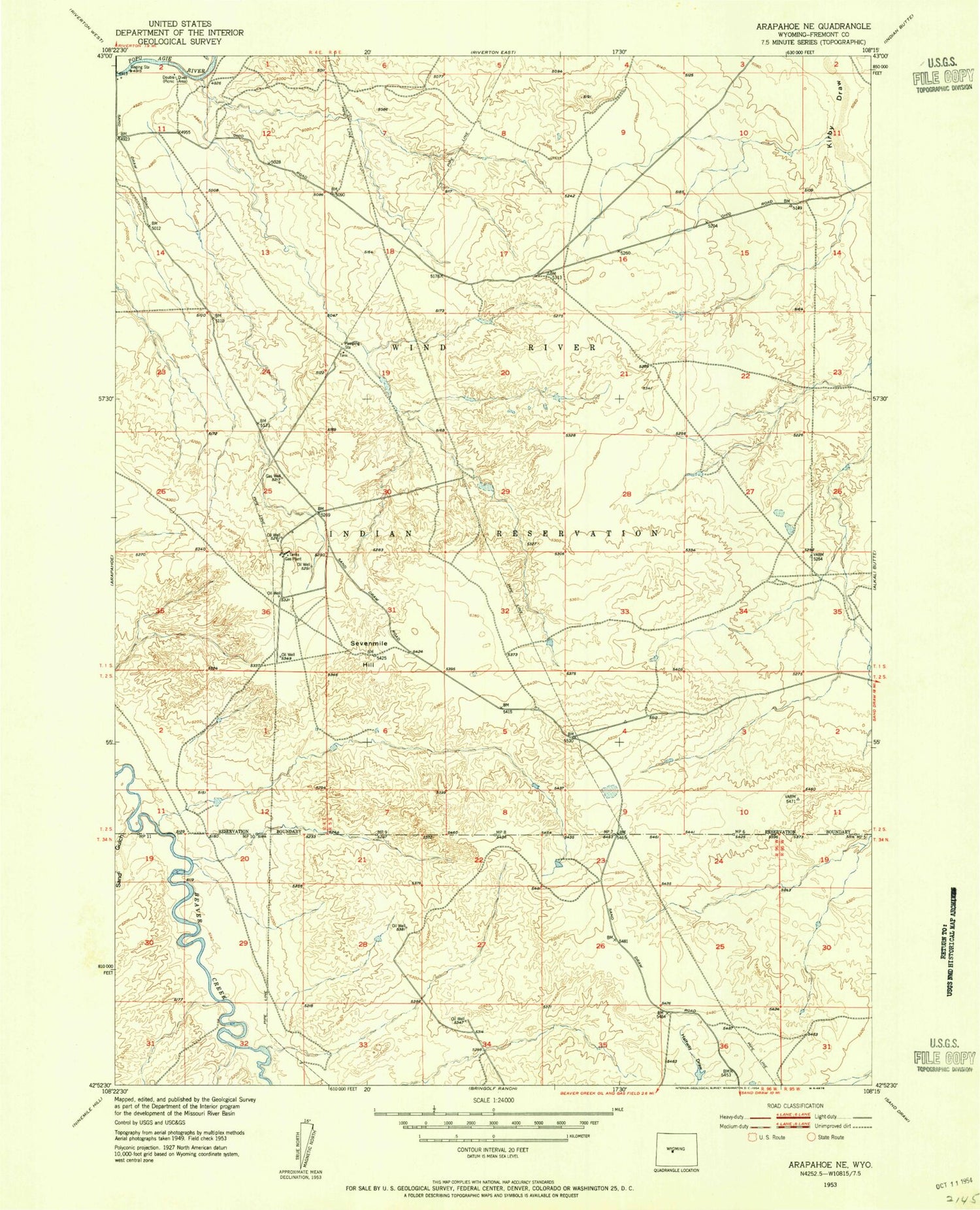 Classic USGS Arapahoe NE Wyoming 7.5'x7.5' Topo Map Image