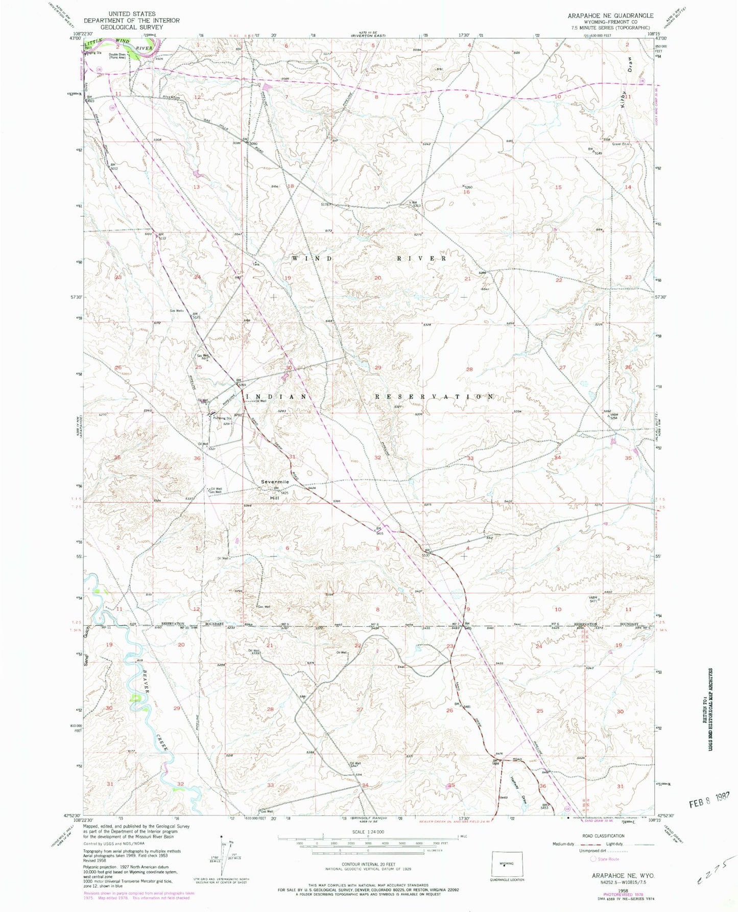 Classic USGS Arapahoe NE Wyoming 7.5'x7.5' Topo Map Image