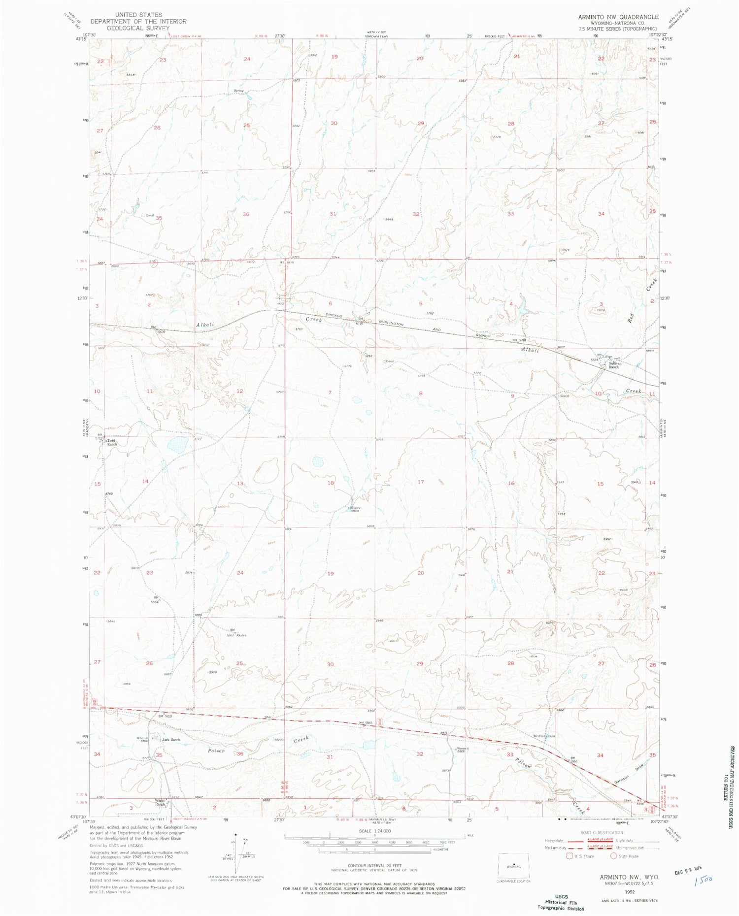 Classic USGS Arminto NW Wyoming 7.5'x7.5' Topo Map Image