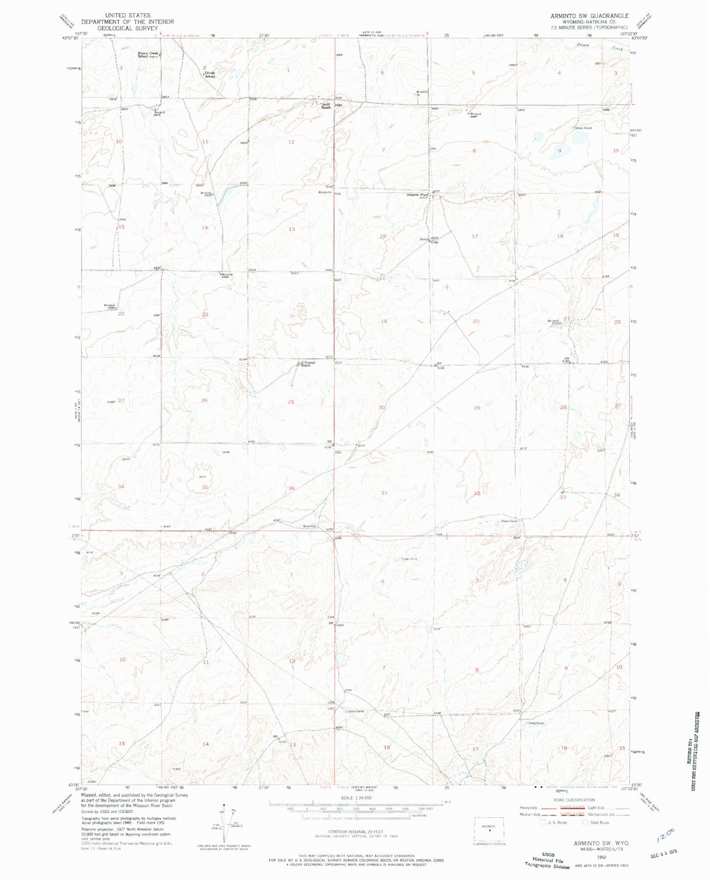 Classic USGS Arminto SW Wyoming 7.5'x7.5' Topo Map Image
