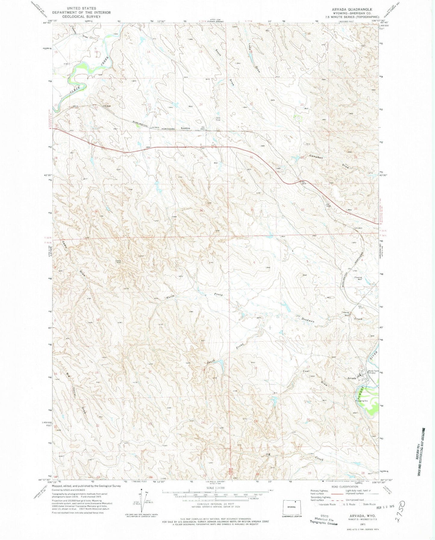 Classic USGS Arvada Wyoming 7.5'x7.5' Topo Map Image