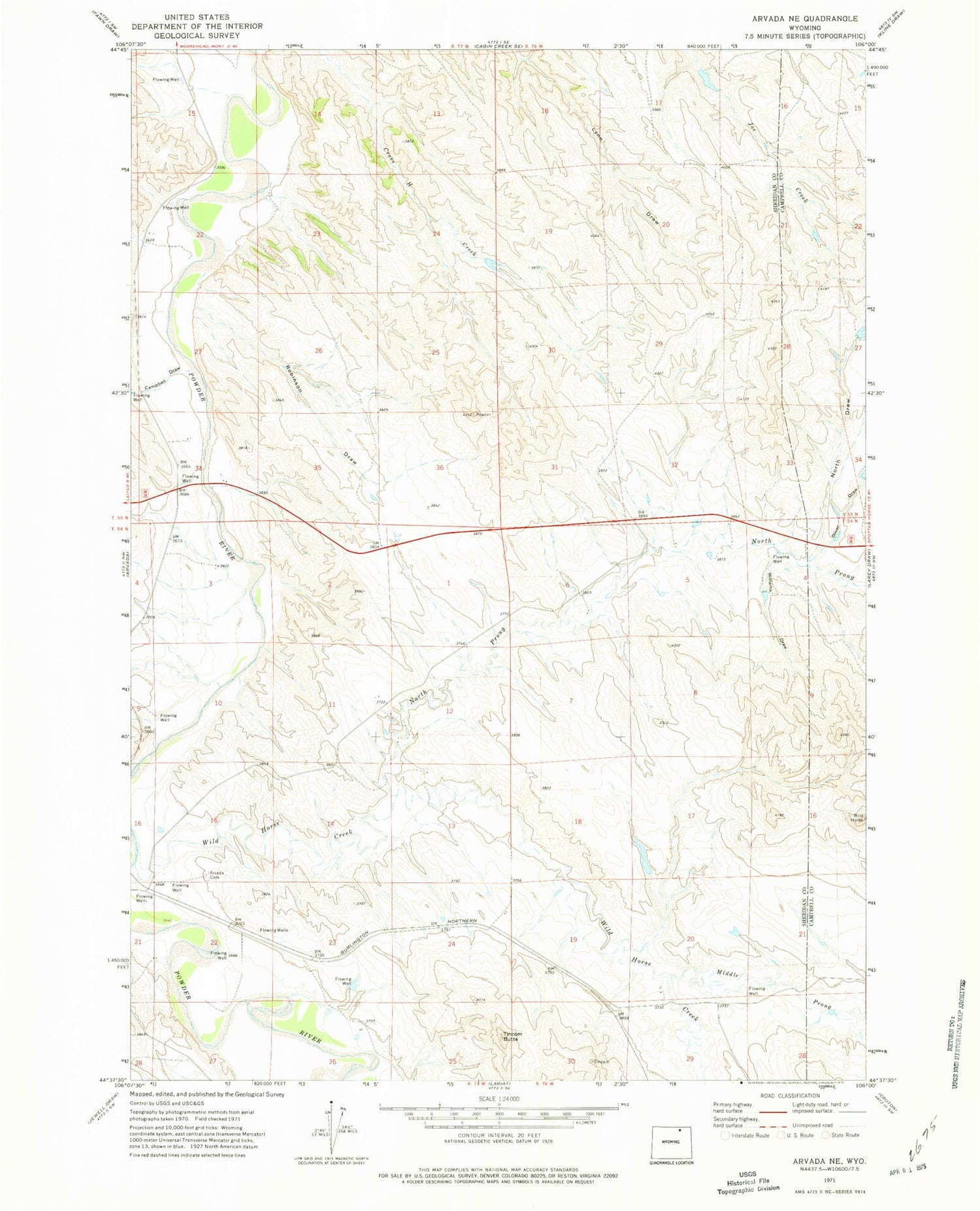 Classic USGS Arvada NE Wyoming 7.5'x7.5' Topo Map Image