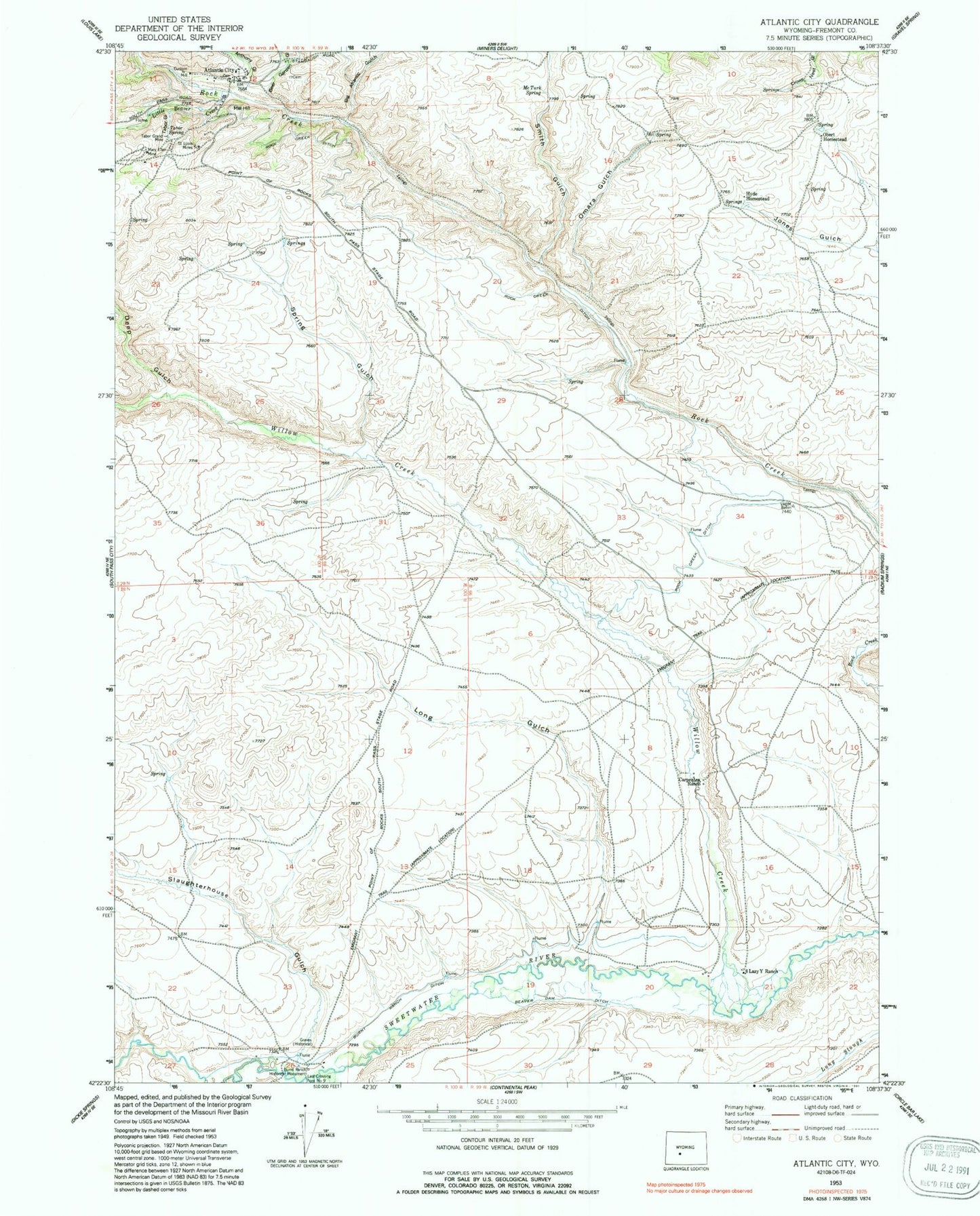 Classic USGS Atlantic City Wyoming 7.5'x7.5' Topo Map Image