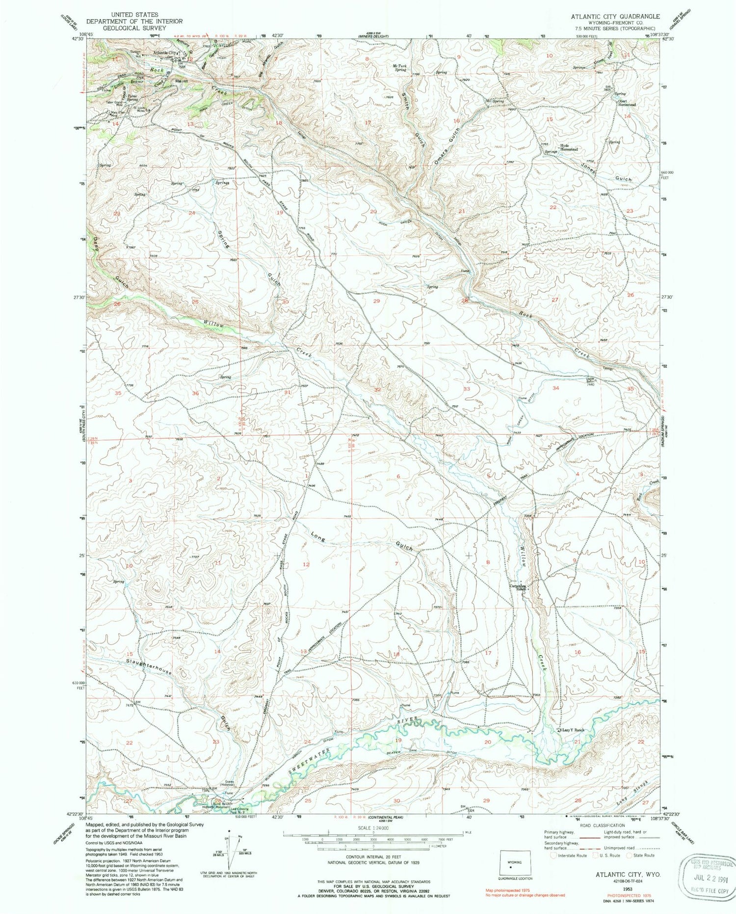 Classic USGS Atlantic City Wyoming 7.5'x7.5' Topo Map Image