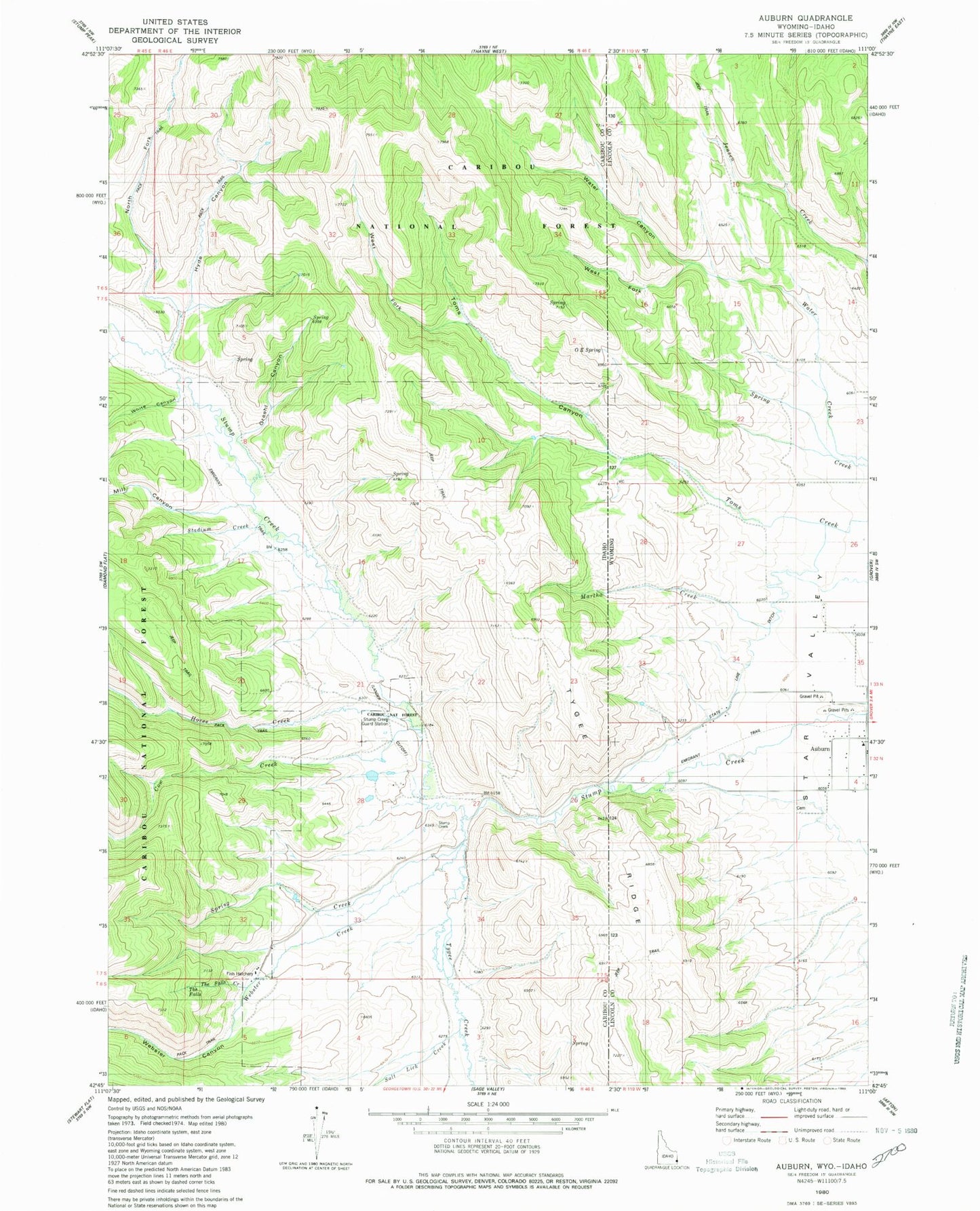 Classic USGS Auburn Wyoming 7.5'x7.5' Topo Map Image