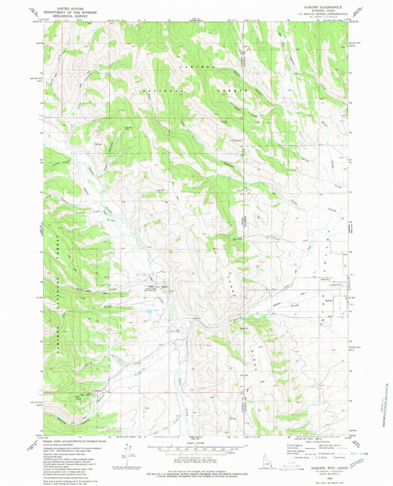 Classic USGS Auburn Wyoming 7.5'x7.5' Topo Map Image