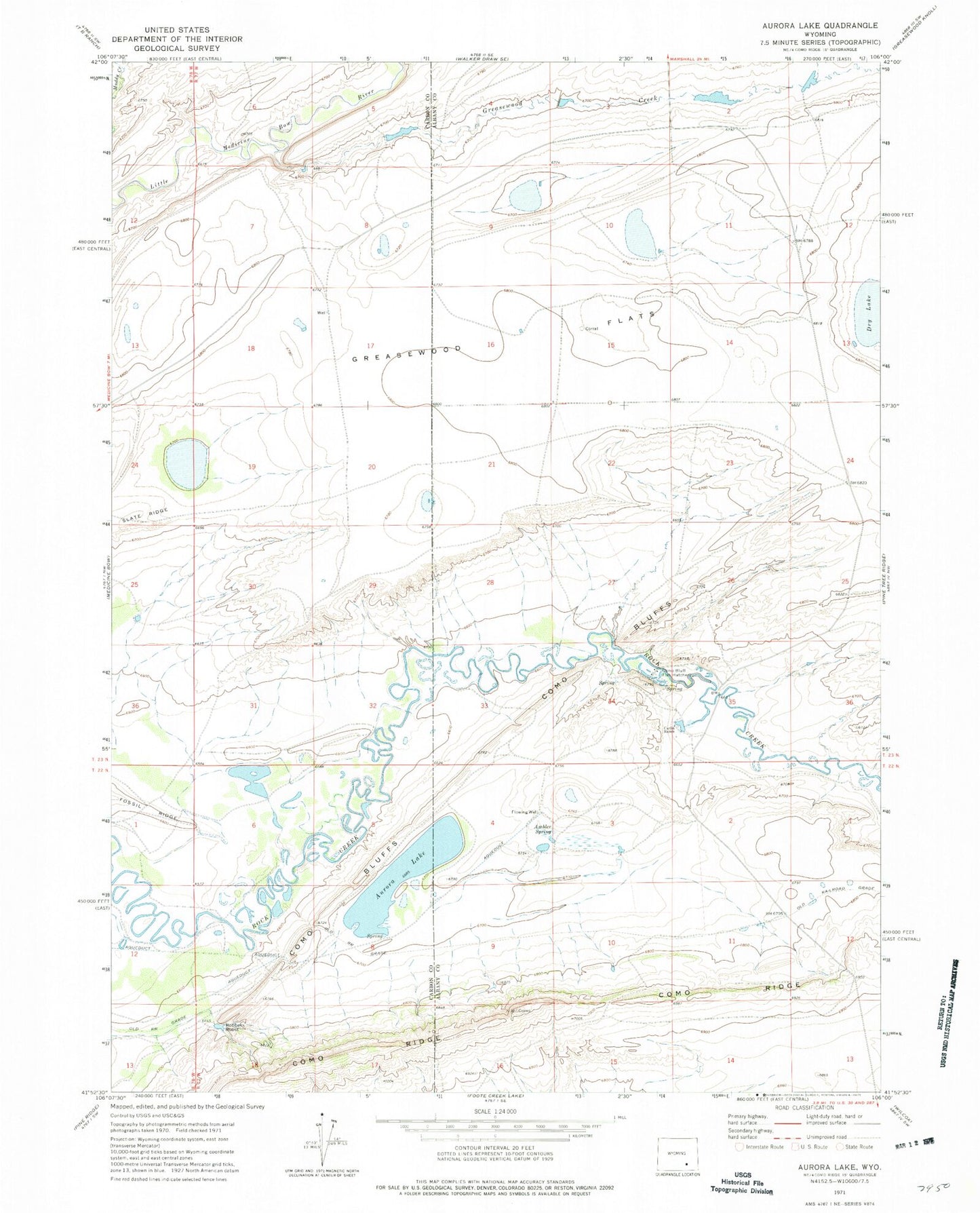 Classic USGS Aurora Lake Wyoming 7.5'x7.5' Topo Map Image
