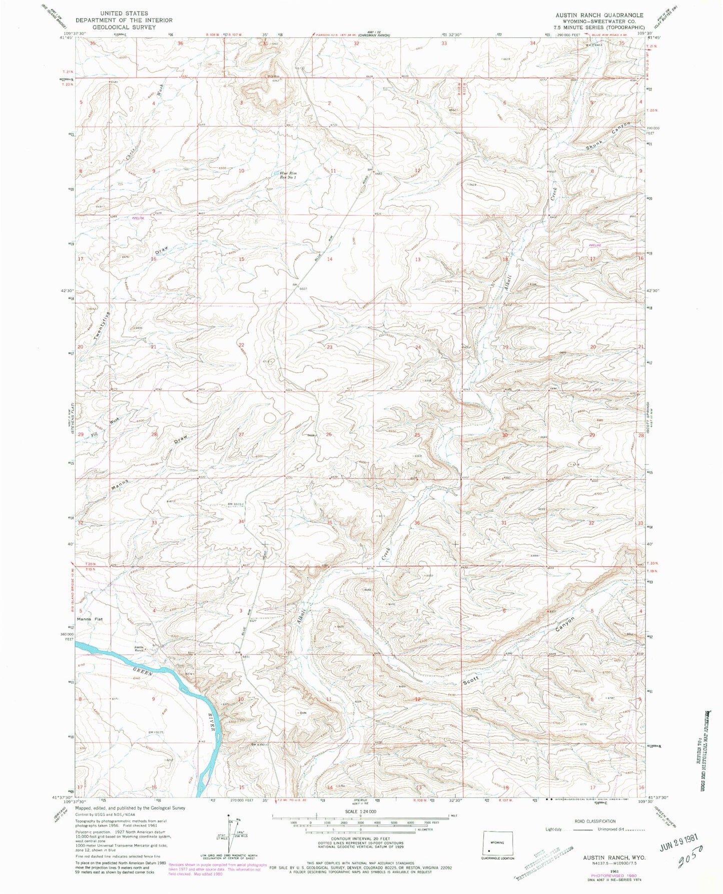 Classic USGS Austin Ranch Wyoming 7.5'x7.5' Topo Map Image