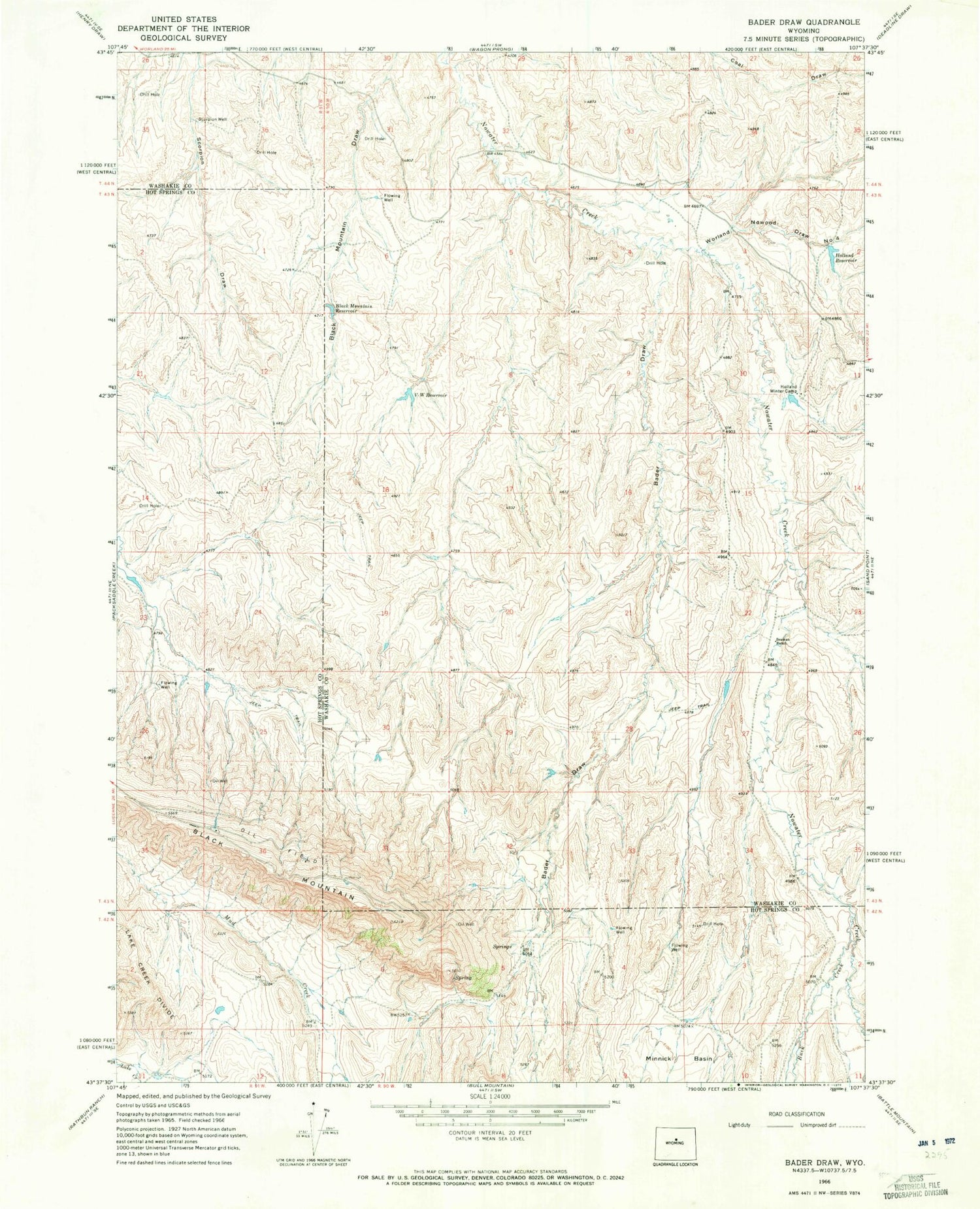 Classic USGS Bader Draw Wyoming 7.5'x7.5' Topo Map Image