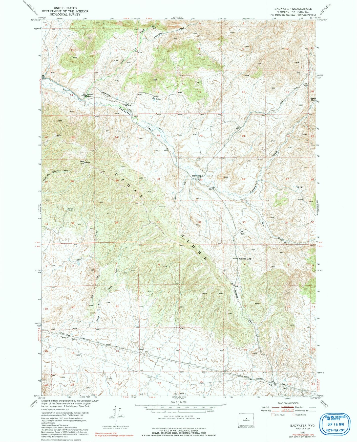 Classic USGS Badwater Wyoming 7.5'x7.5' Topo Map Image