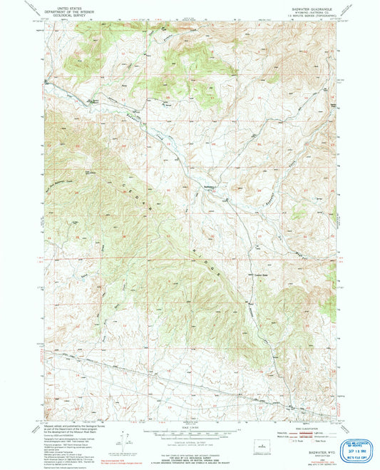 Classic USGS Badwater Wyoming 7.5'x7.5' Topo Map Image
