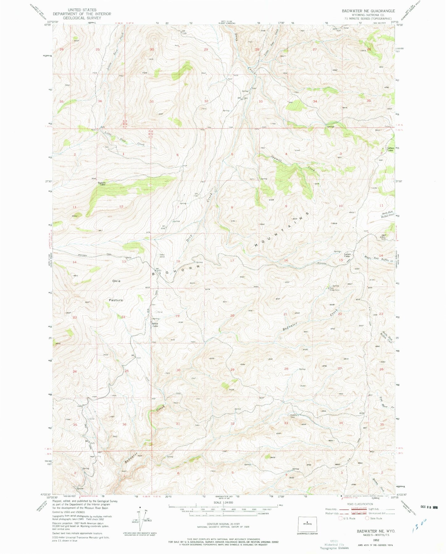Classic USGS Badwater NE Wyoming 7.5'x7.5' Topo Map Image