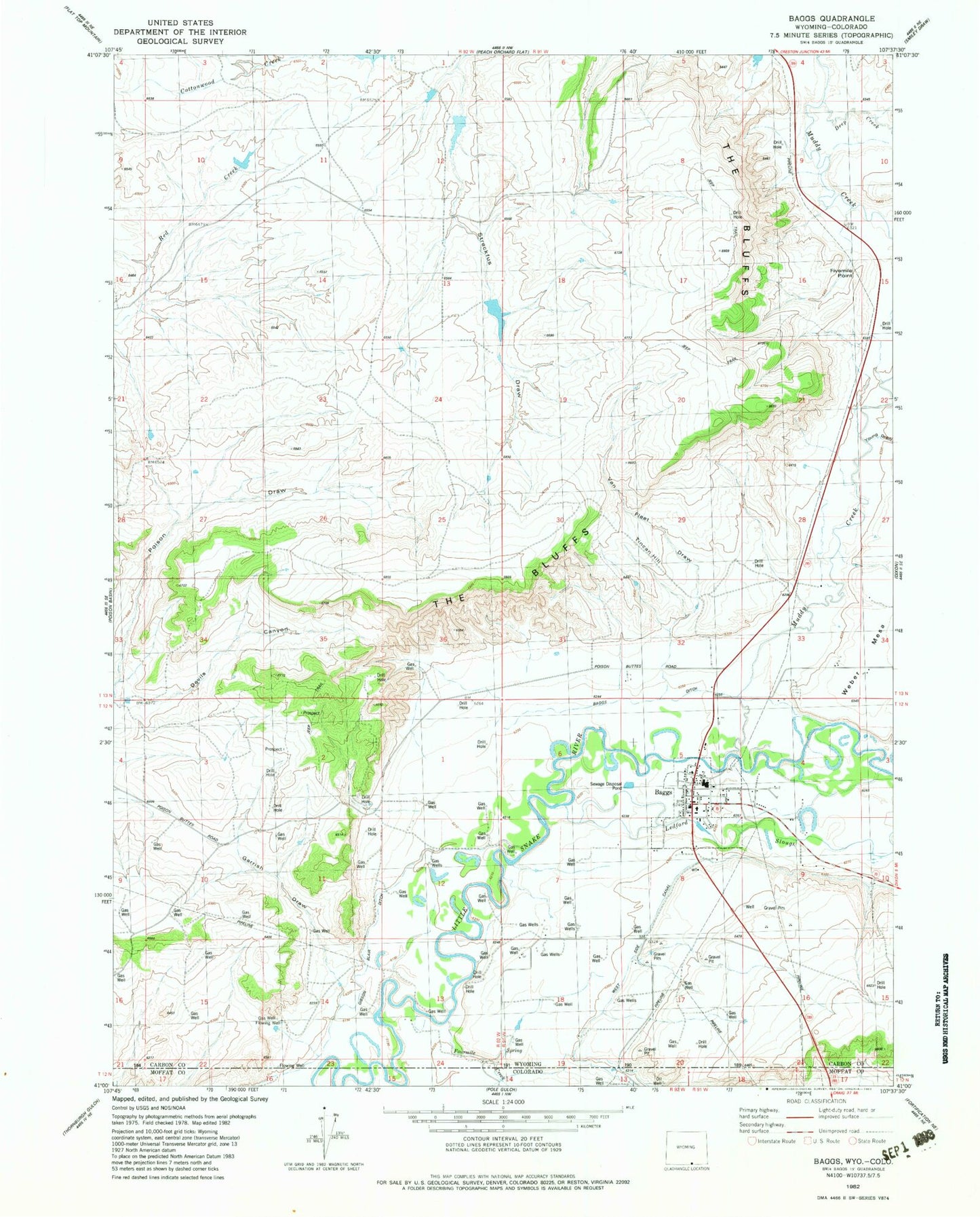 Classic USGS Baggs Wyoming 7.5'x7.5' Topo Map Image