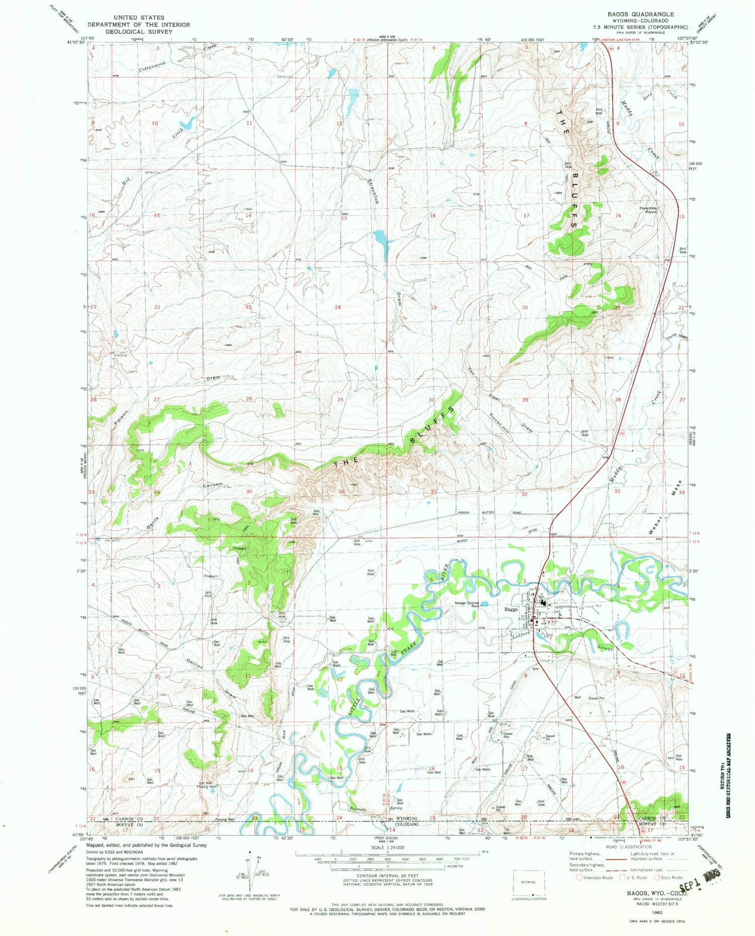 Classic USGS Baggs Wyoming 7.5'x7.5' Topo Map Image