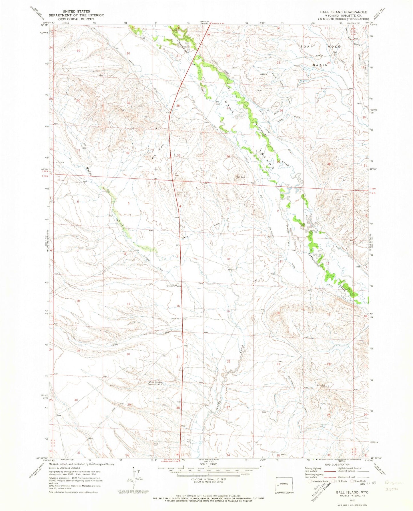 Classic USGS Ball Island Wyoming 7.5'x7.5' Topo Map Image