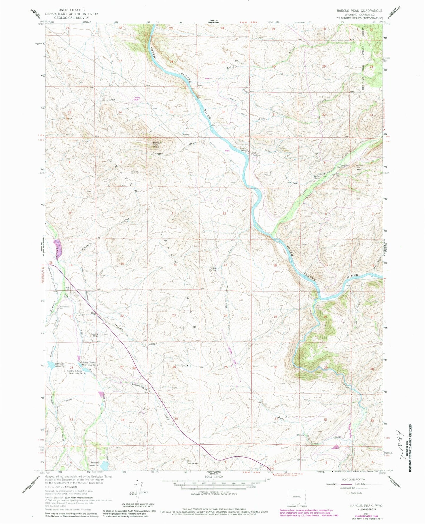 Classic USGS Barcus Peak Wyoming 7.5'x7.5' Topo Map Image