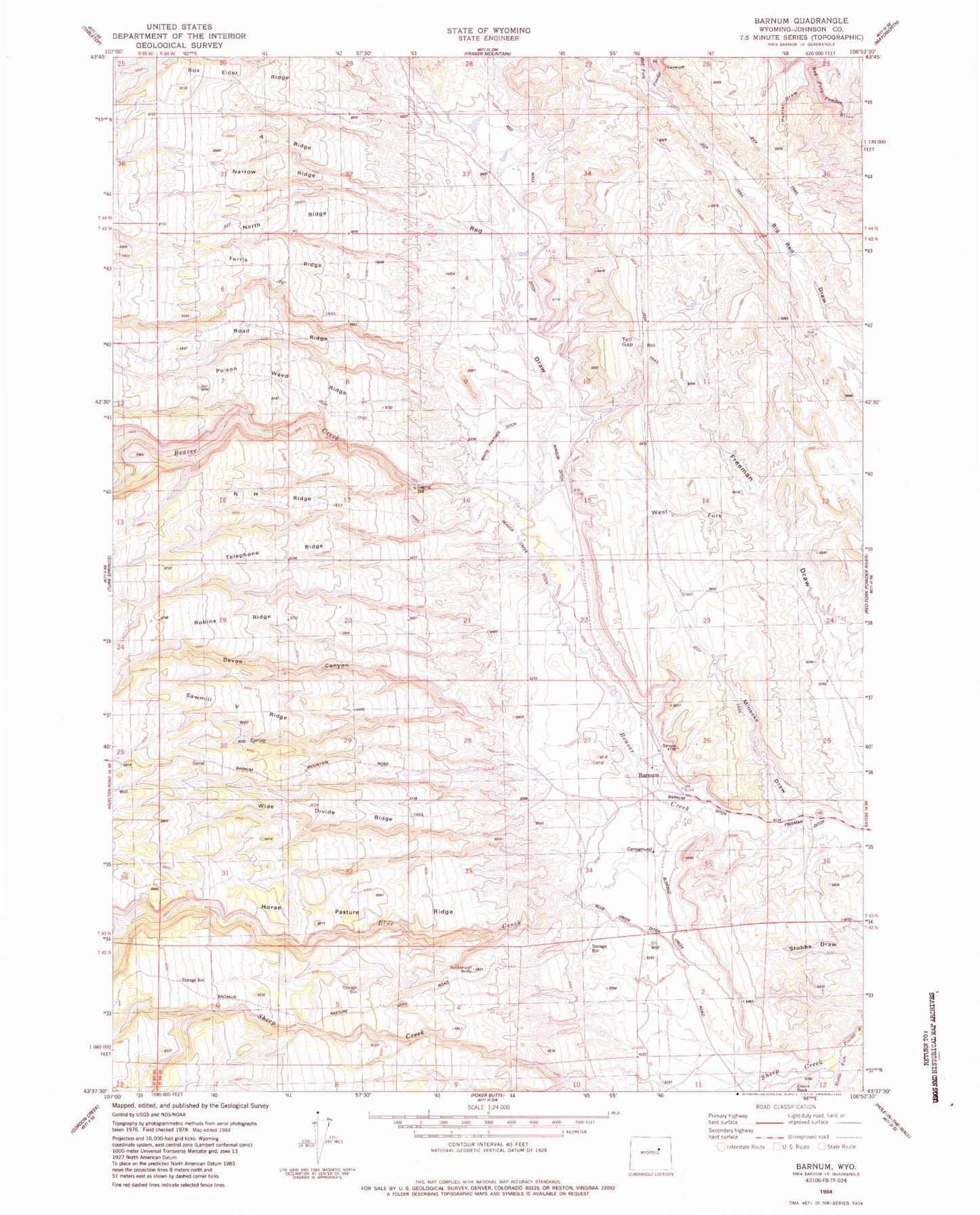 Classic USGS Barnum Wyoming 7.5'x7.5' Topo Map Image