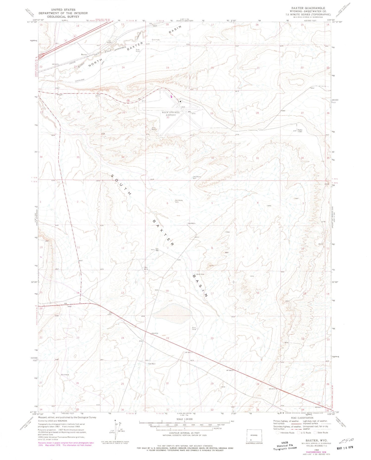 Classic USGS Baxter Wyoming 7.5'x7.5' Topo Map Image