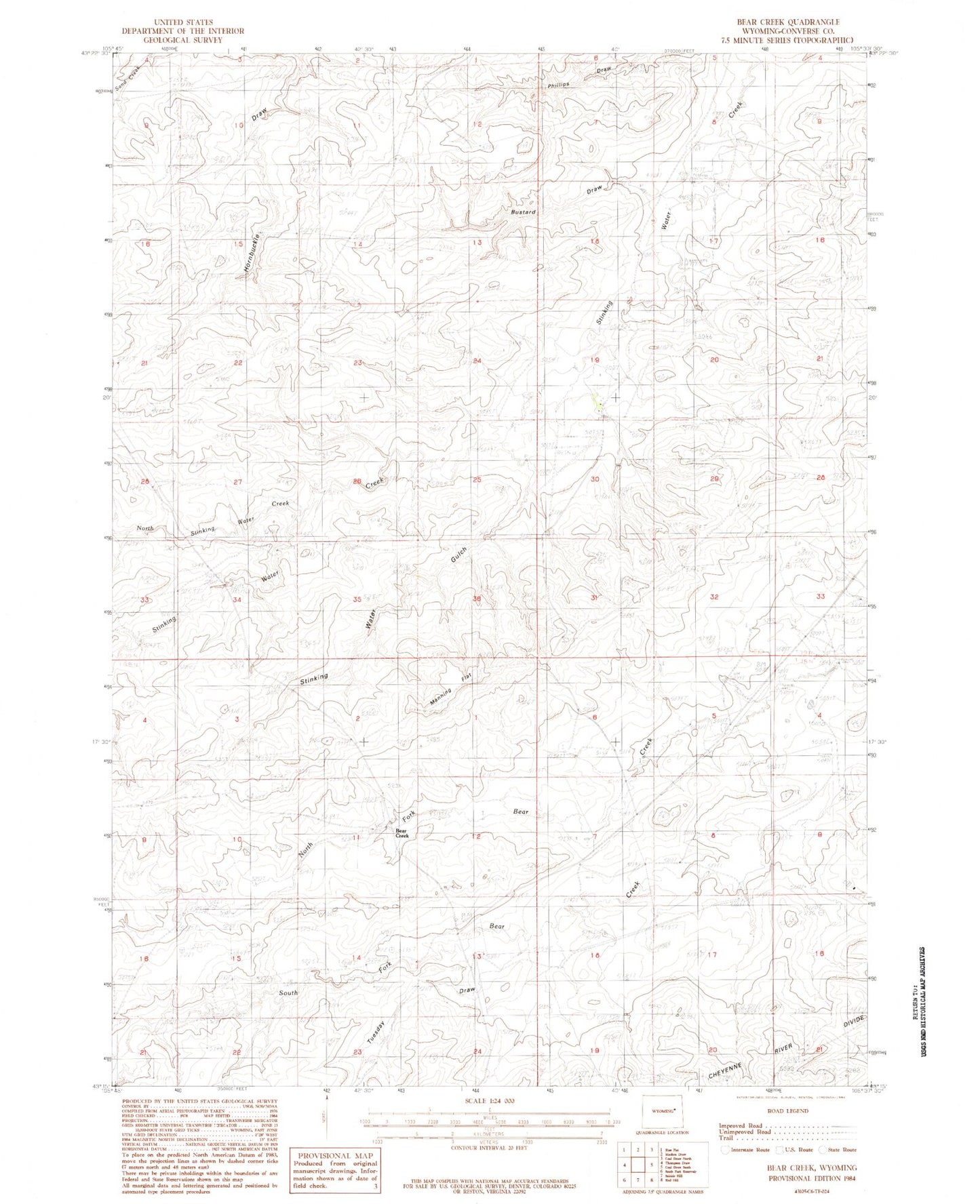 Classic USGS Bear Creek Wyoming 7.5'x7.5' Topo Map Image