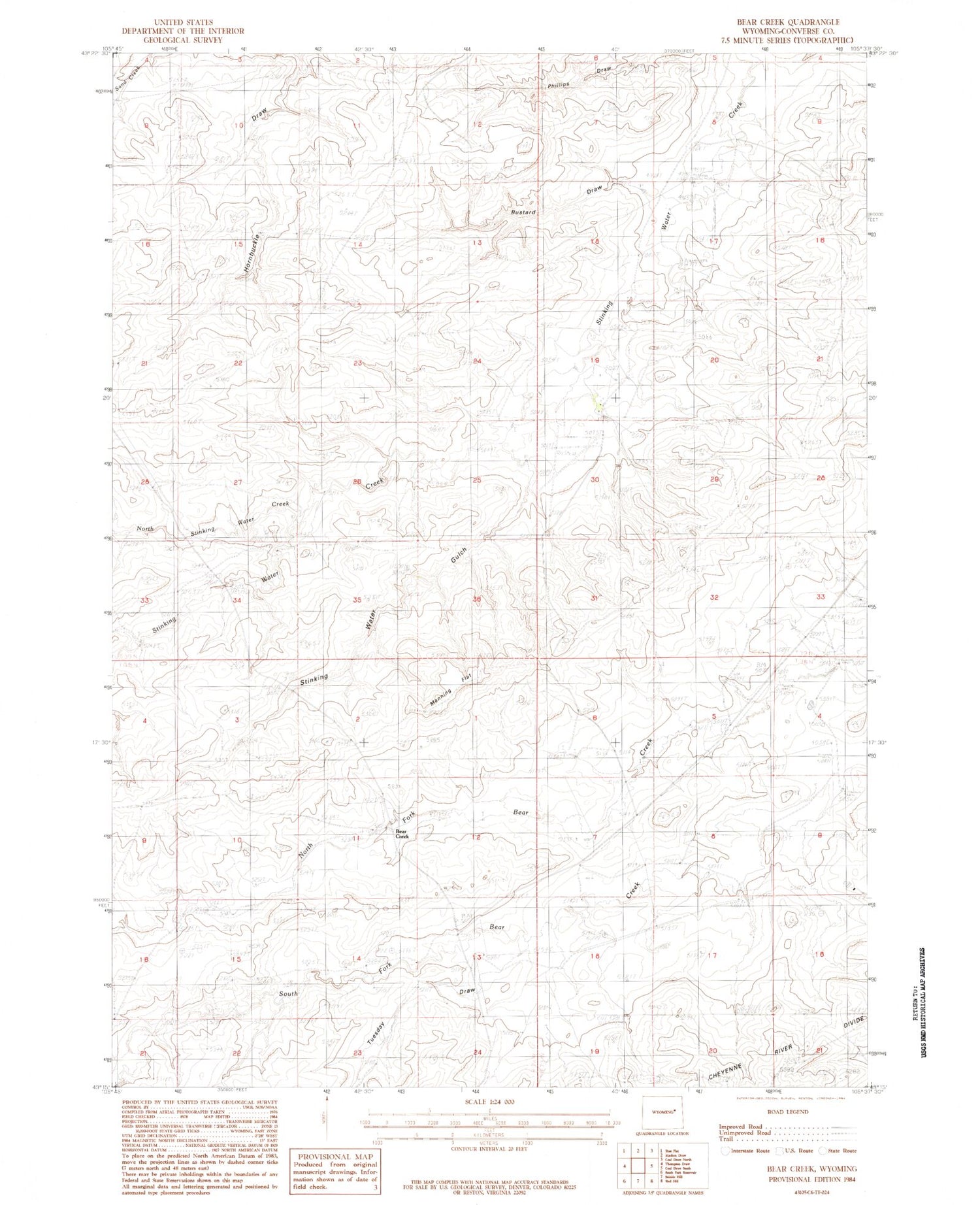 Classic USGS Bear Creek Wyoming 7.5'x7.5' Topo Map Image