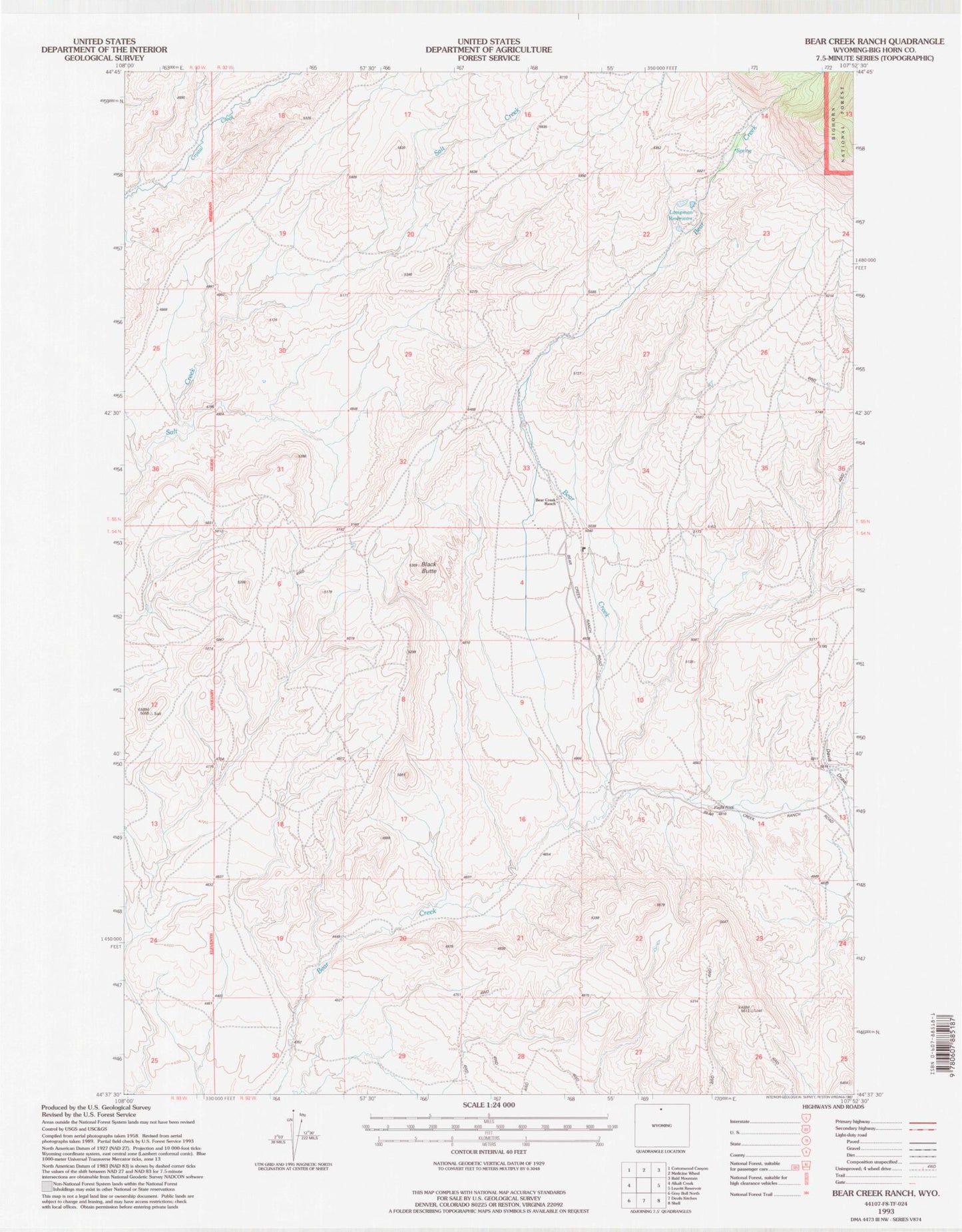 Classic USGS Bear Creek Ranch Wyoming 7.5'x7.5' Topo Map Image