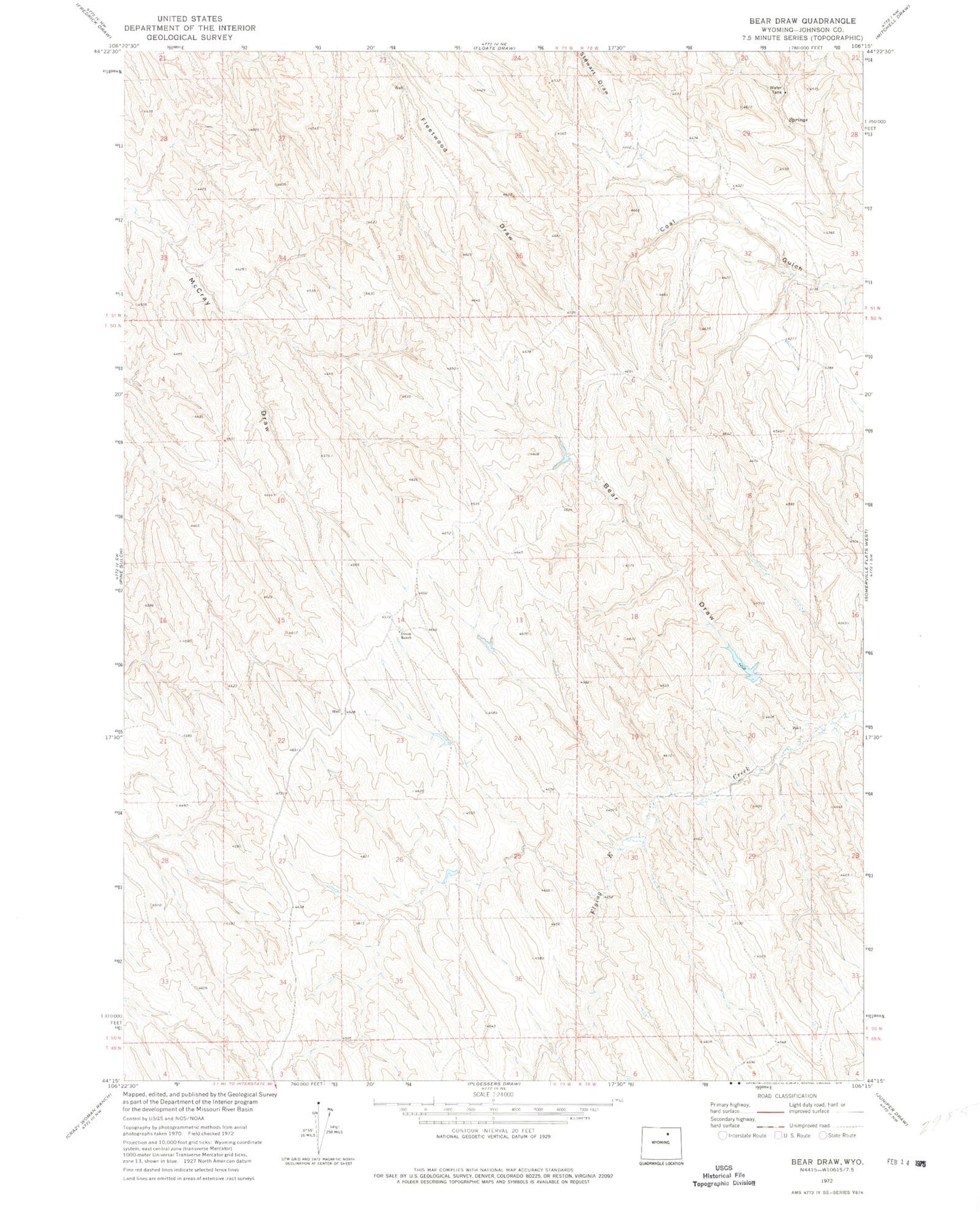 Classic USGS Bear Draw Wyoming 7.5'x7.5' Topo Map Image