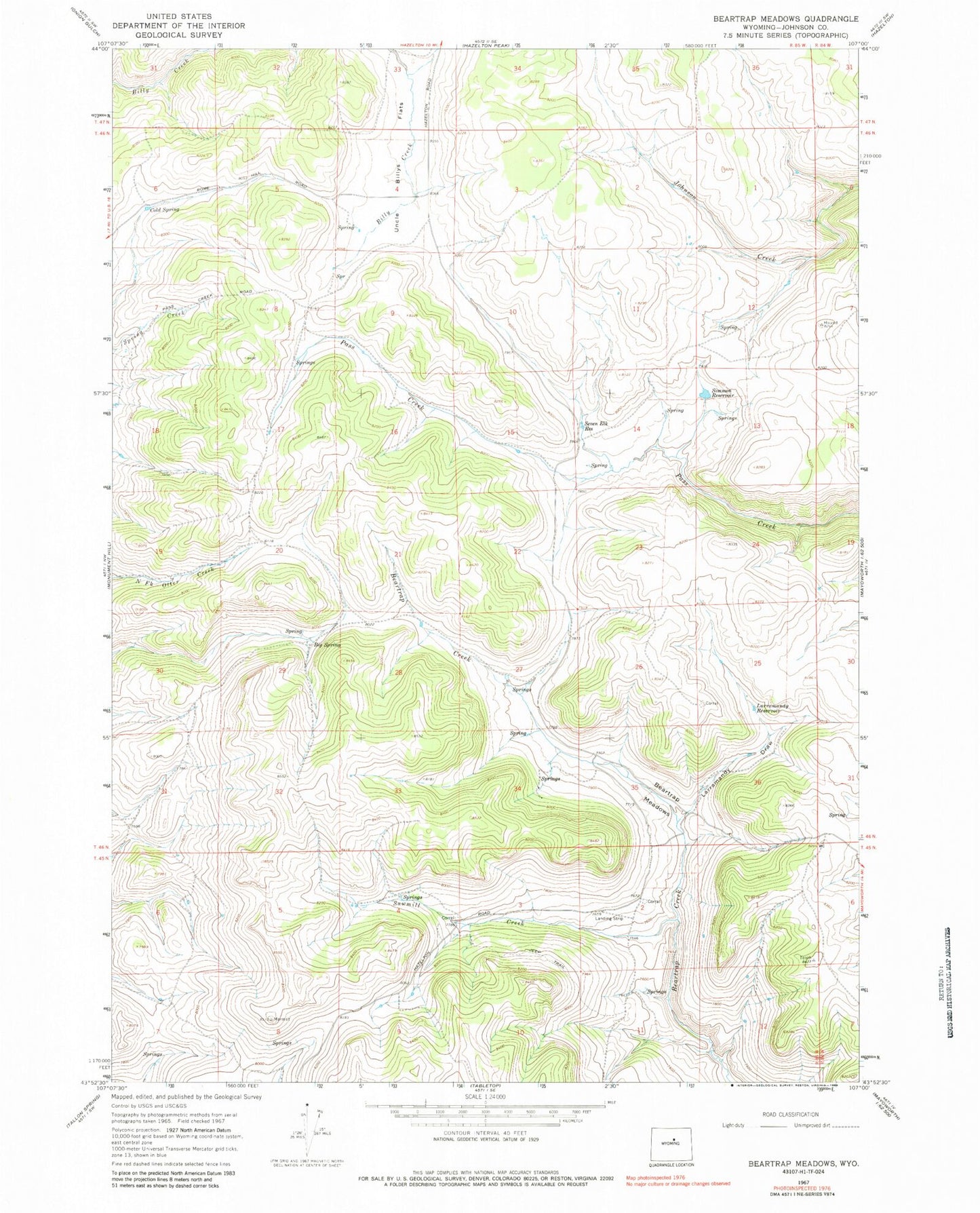 Classic USGS Beartrap Meadows Wyoming 7.5'x7.5' Topo Map Image