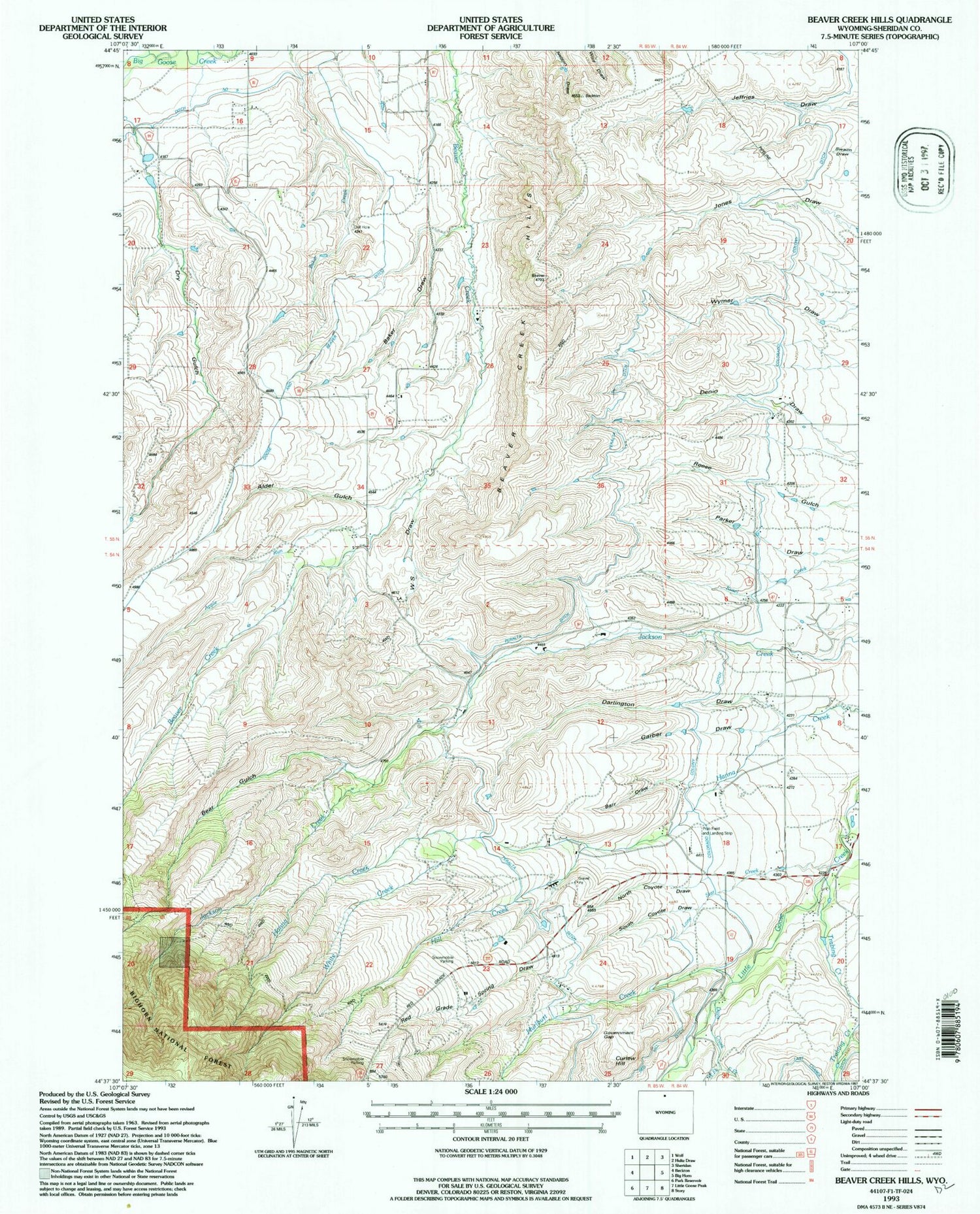 Classic USGS Beaver Creek Hills Wyoming 7.5'x7.5' Topo Map Image