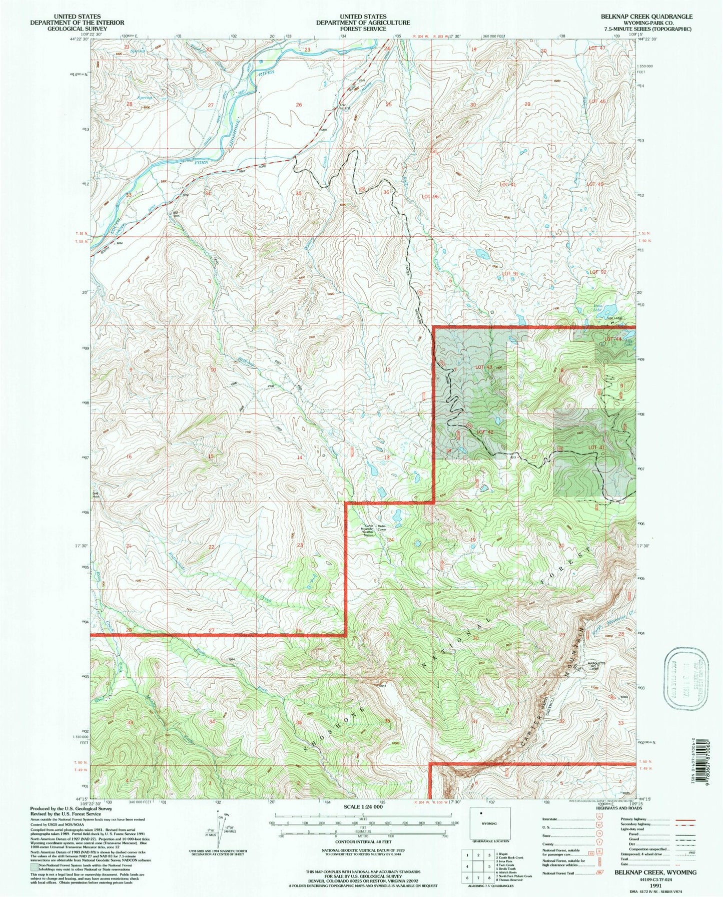 Classic USGS Belknap Creek Wyoming 7.5'x7.5' Topo Map Image