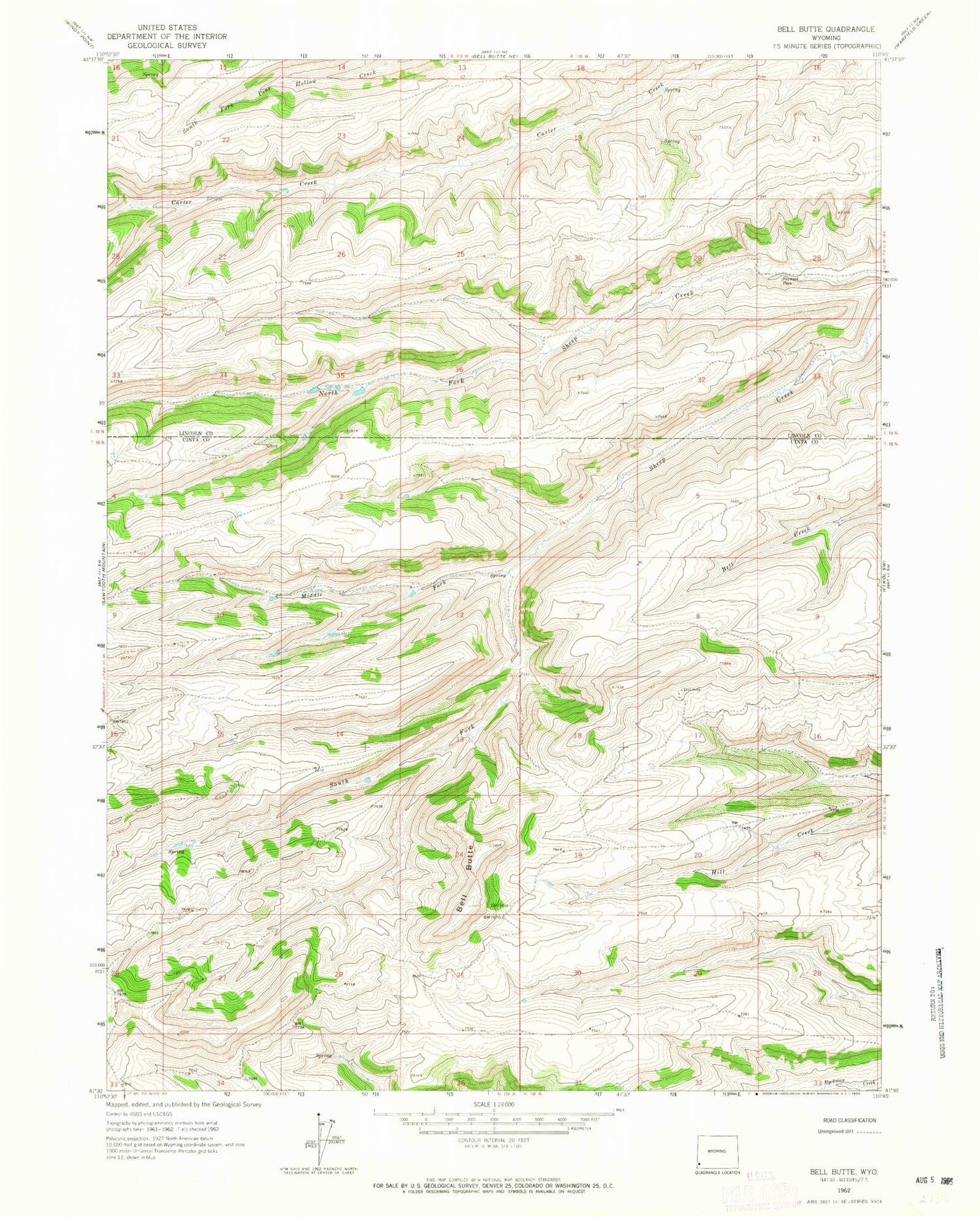 Classic USGS Bell Butte Wyoming 7.5'x7.5' Topo Map Image