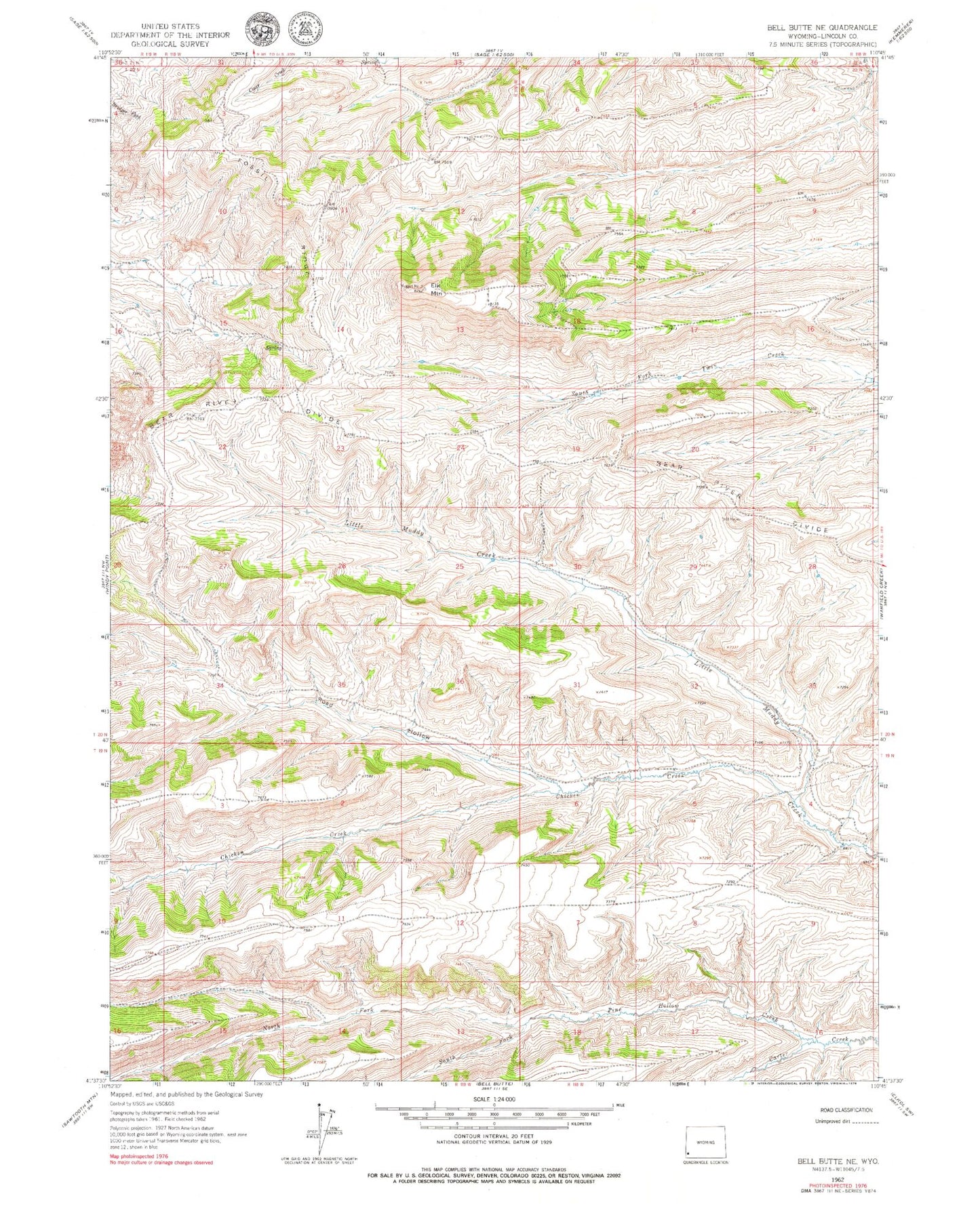 Classic USGS Bell Butte NE Wyoming 7.5'x7.5' Topo Map Image