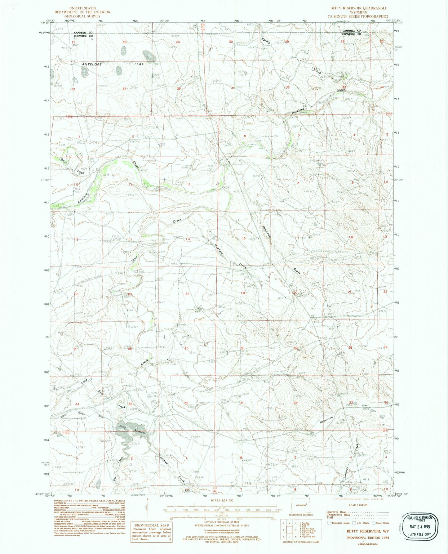 Classic USGS Betty Reservoir Wyoming 7.5'x7.5' Topo Map Image