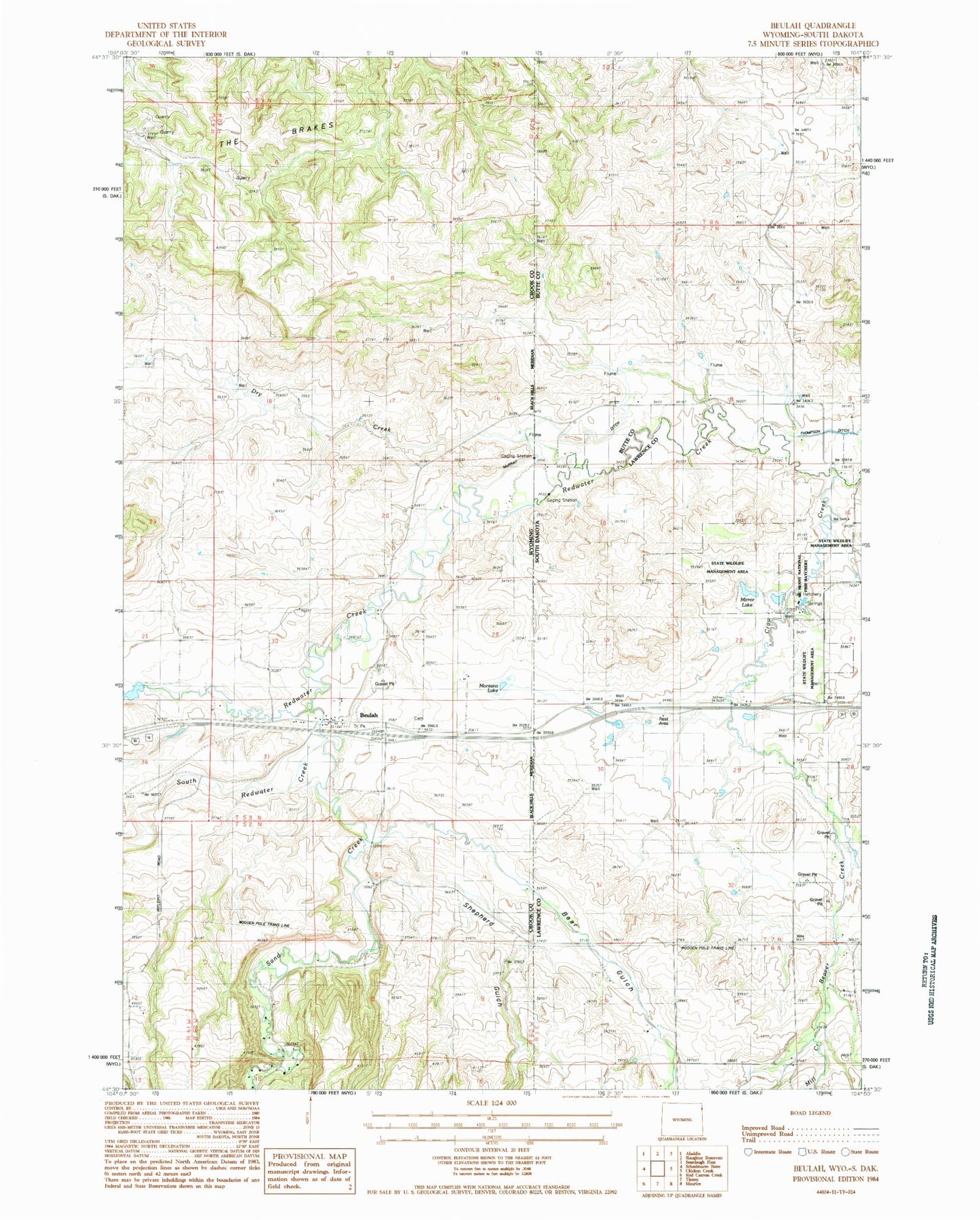 Classic USGS Beulah Wyoming 7.5'x7.5' Topo Map Image