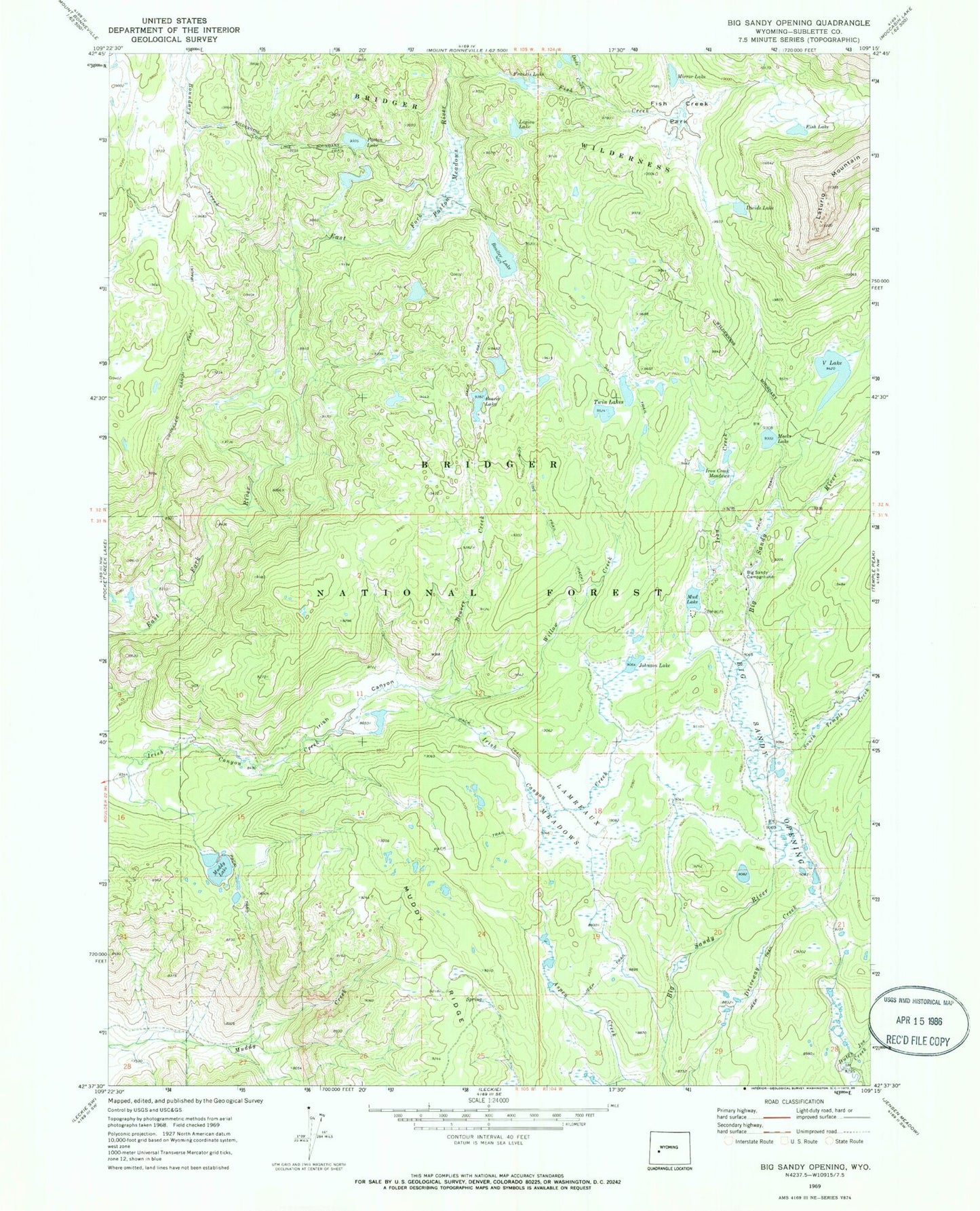 Classic USGS Big Sandy Opening Wyoming 7.5'x7.5' Topo Map Image