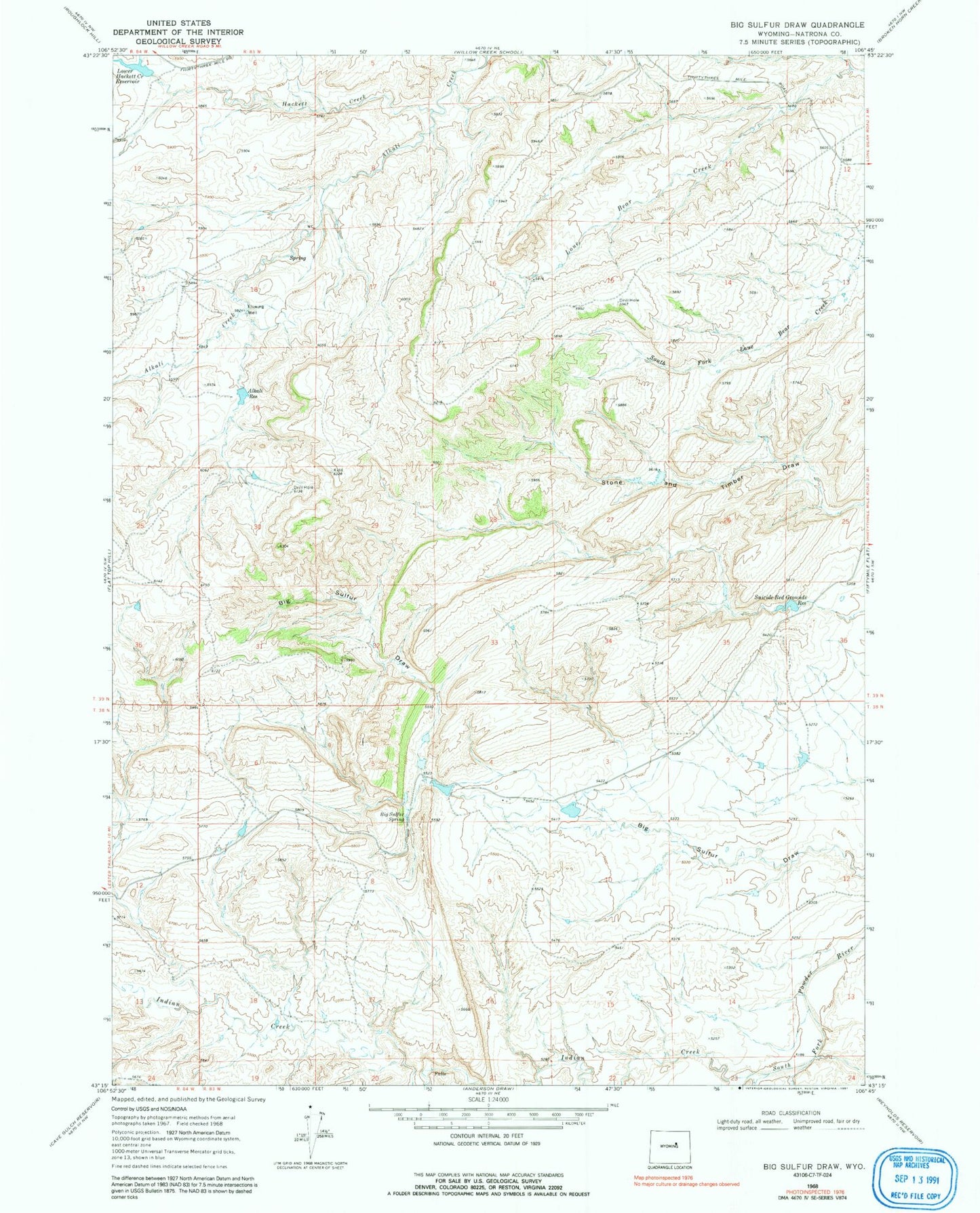 Classic USGS Big Sulfur Draw Wyoming 7.5'x7.5' Topo Map Image