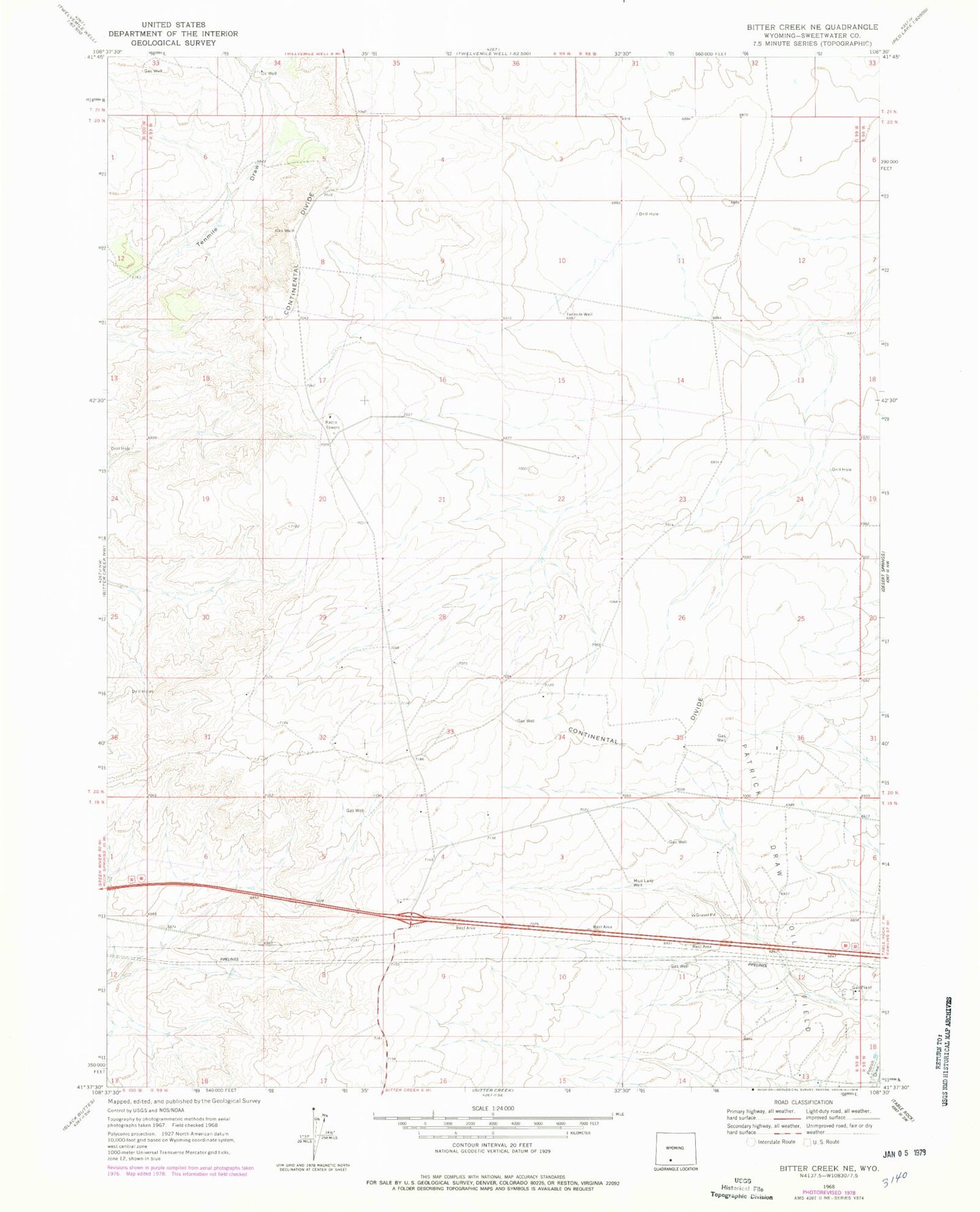 Classic USGS Bitter Creek NE Wyoming 7.5'x7.5' Topo Map Image