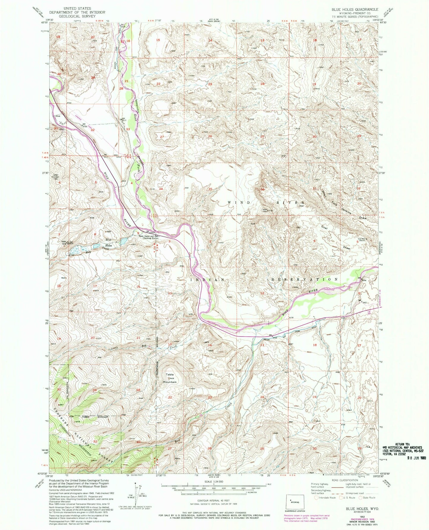 Classic USGS Blue Holes Wyoming 7.5'x7.5' Topo Map Image