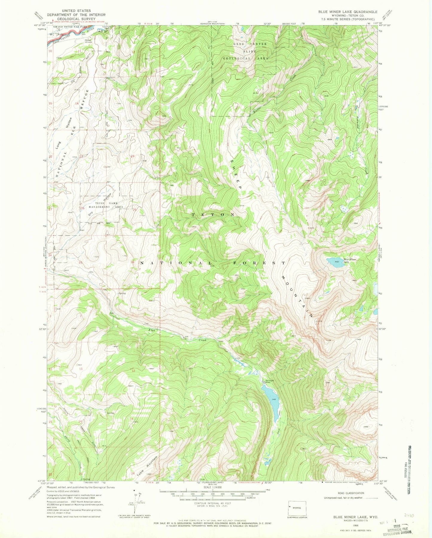 Classic USGS Blue Miner Lake Wyoming 7.5'x7.5' Topo Map Image