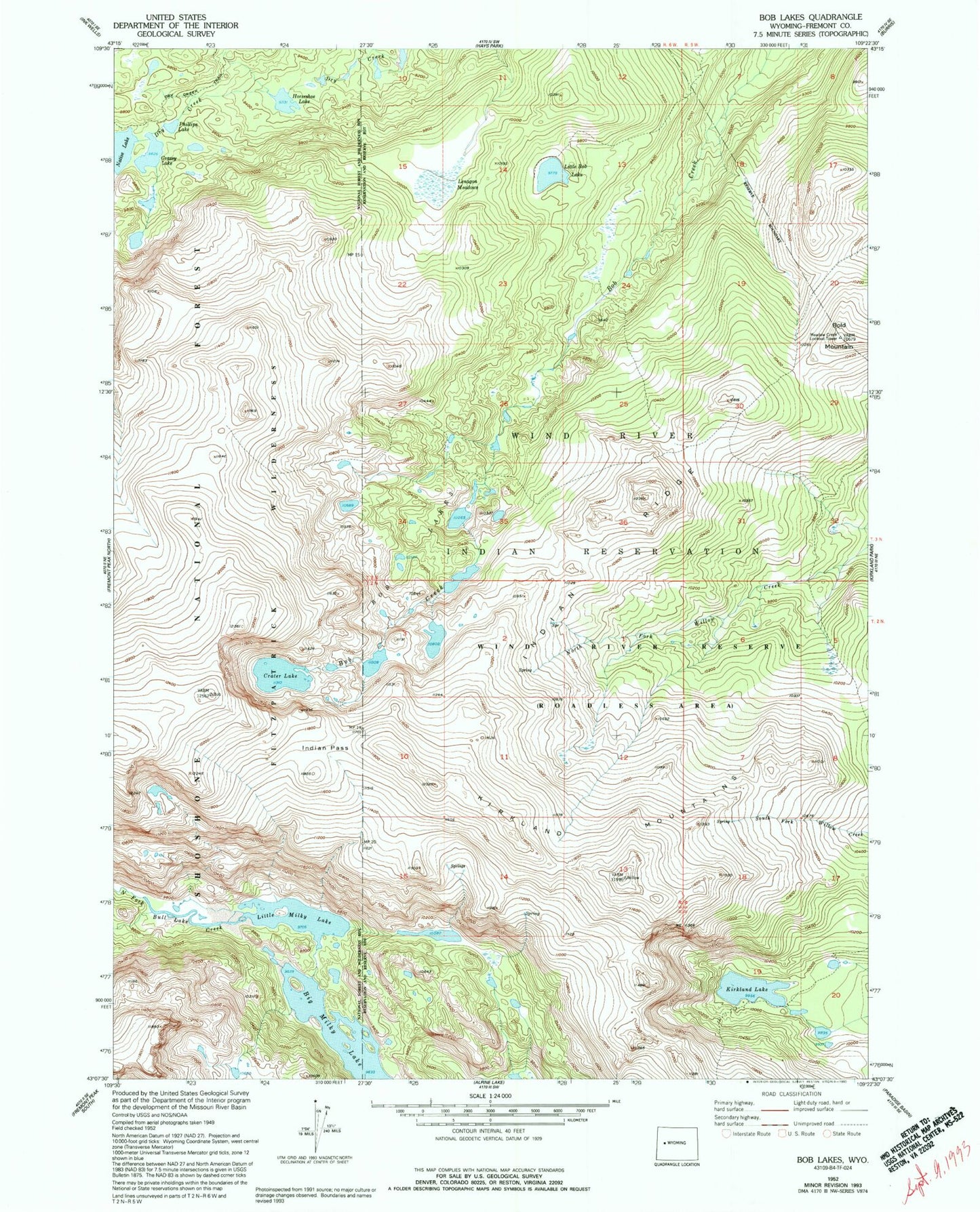Classic USGS Bob Lakes Wyoming 7.5'x7.5' Topo Map Image