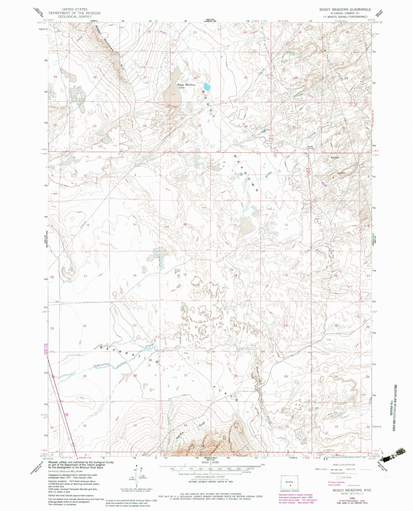 Classic USGS Boggy Meadows Wyoming 7.5'x7.5' Topo Map Image