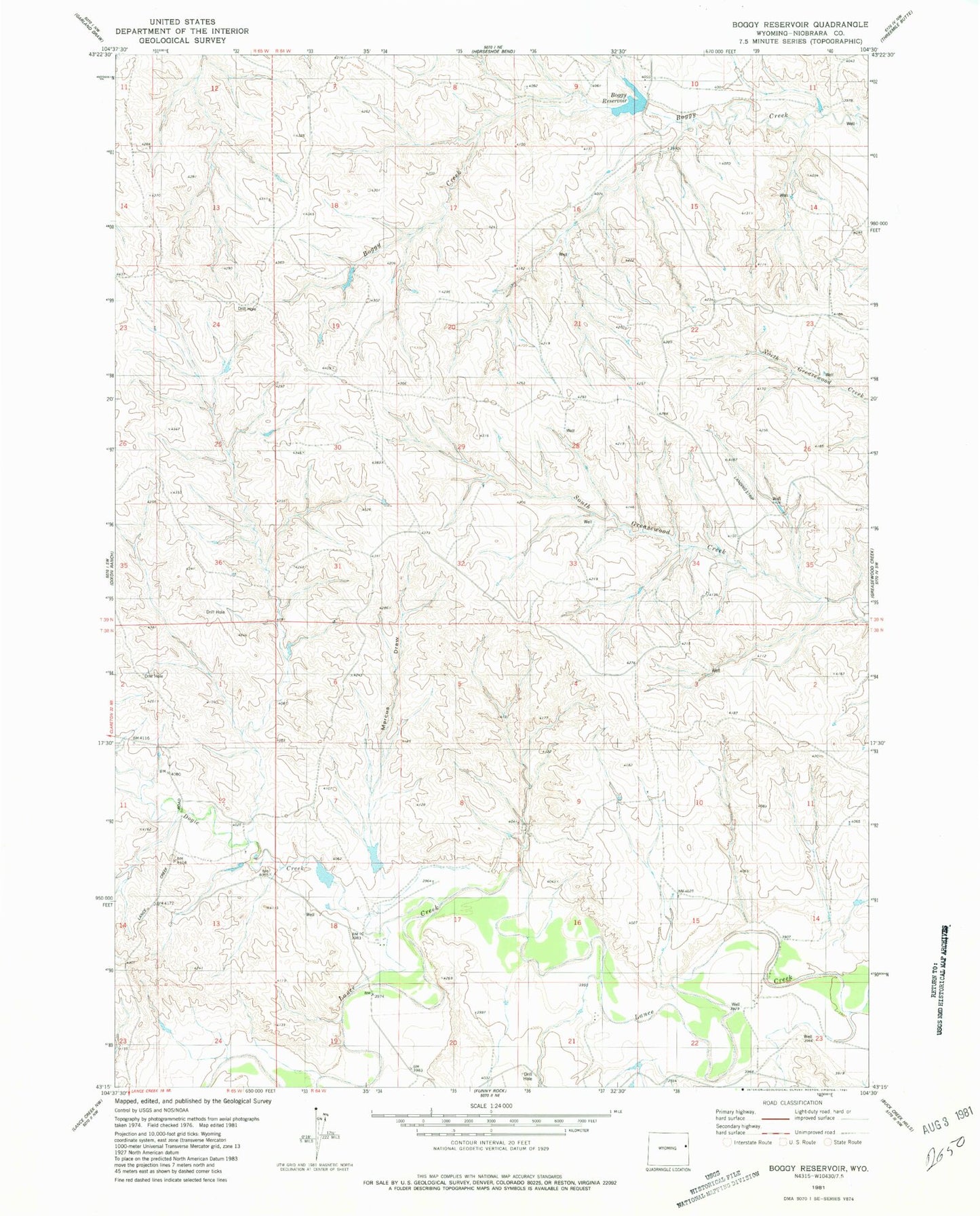 Classic USGS Boggy Reservoir Wyoming 7.5'x7.5' Topo Map Image